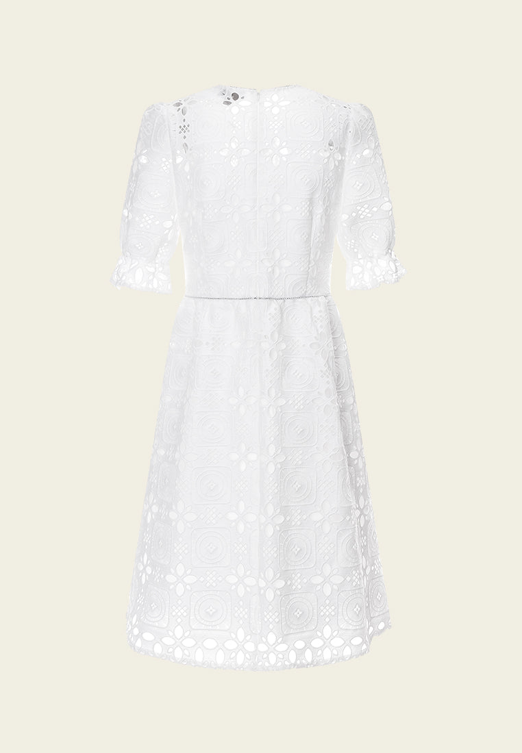 Elegant White Lace Dress with Puff Sleeves - Perfect for Weddings, Parties & Special Occasions