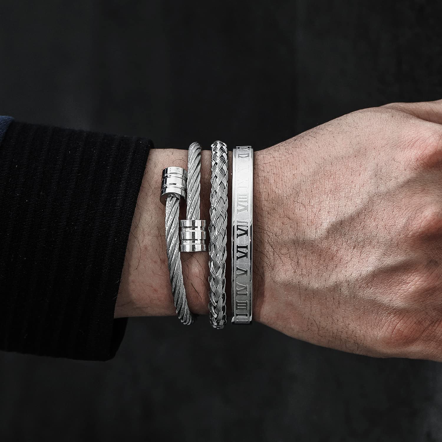 WFYOU 3PCS Stainless Steel Bracelets for Men - Gold Roman Numeral & Adjustable Cuff Bracelets - Luxury Mens Jewelry Gifts for Birthday, Anniversary, Wedding & Everyday Wear