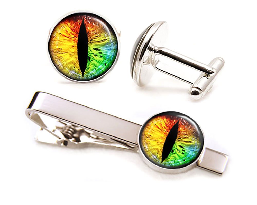 Dragon Eye Tie Clip & Cufflinks Set - Game of Thrones & Hobbit Smaug Inspired Jewelry - Perfect for Weddings, Groomsmen Gifts & Fantasy Themed Parties - Great for Cosplay, TV Show Fans & Medieval Style Events