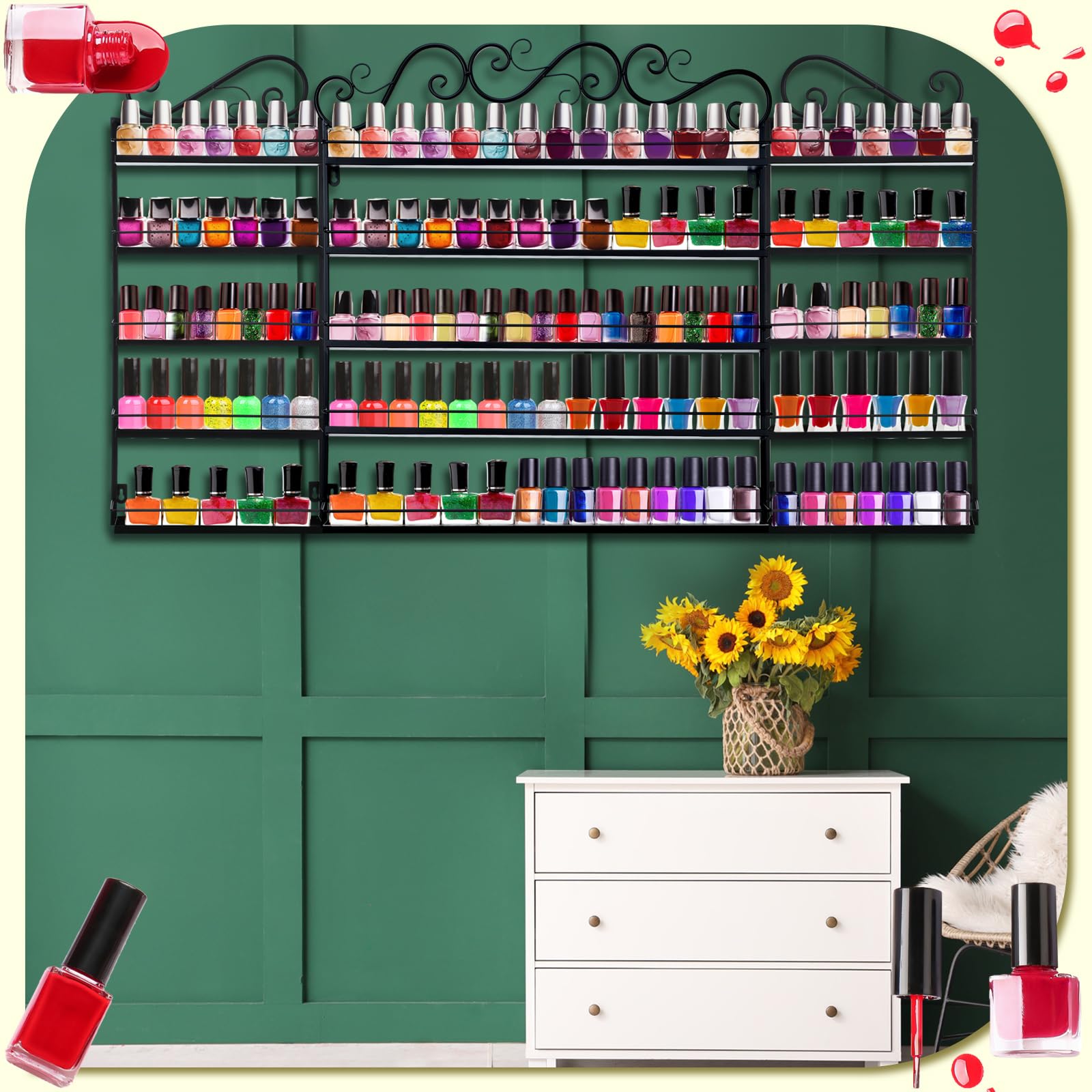Sintuff 5-Tier Wall Mount Nail Polish Organizer - Holds 200 Bottles, 3-in-1 Storage Display Stand for Home, Salon & Spa (Black) - Perfect for Nail Polish Storage, Salon Organization & Beauty Business Display