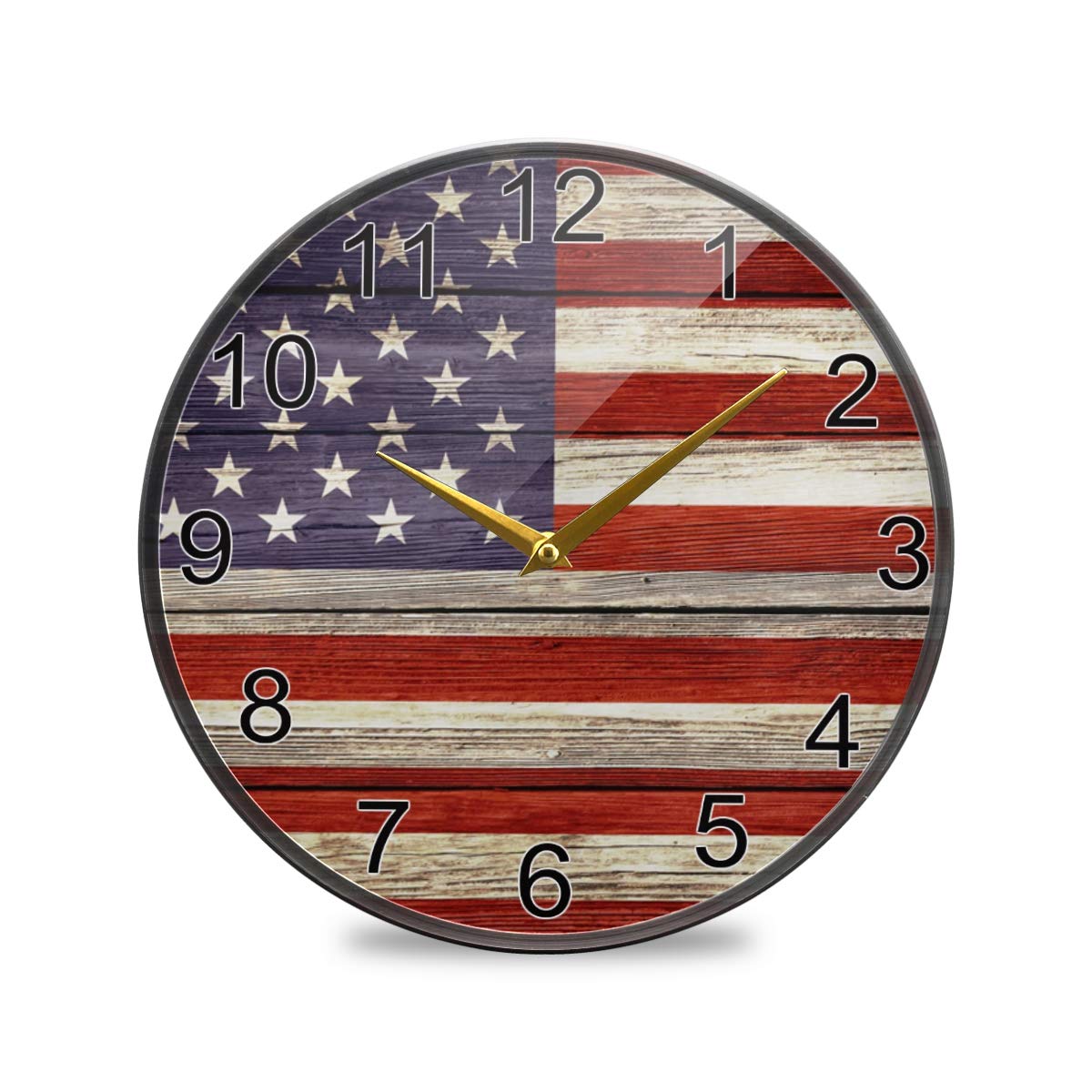 9.5 Inch Silent Non-Ticking American Flag Wall Clock - Wooden Plank Home & Office Decor for Patriotic Display | Perfect for Living Room, Bedroom, Classroom and Workspace