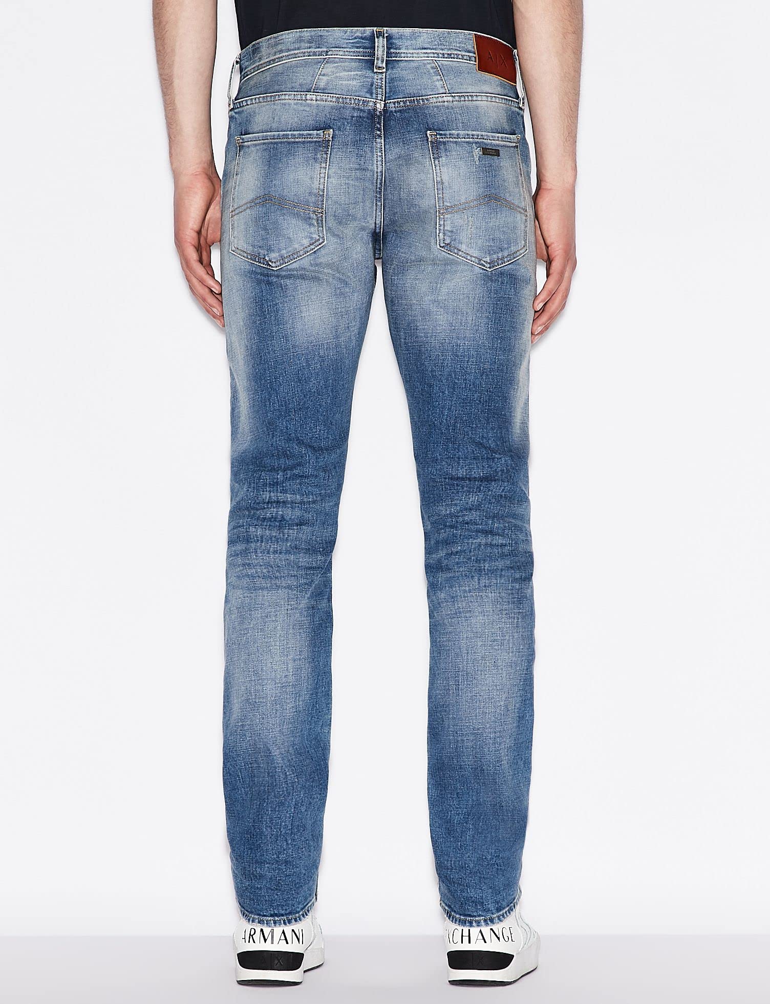 Armani Exchange Men's Slim Fit Medium Wash Denim Jeans with Patch & Repair Details | Casual Wear & Night Out Outfits