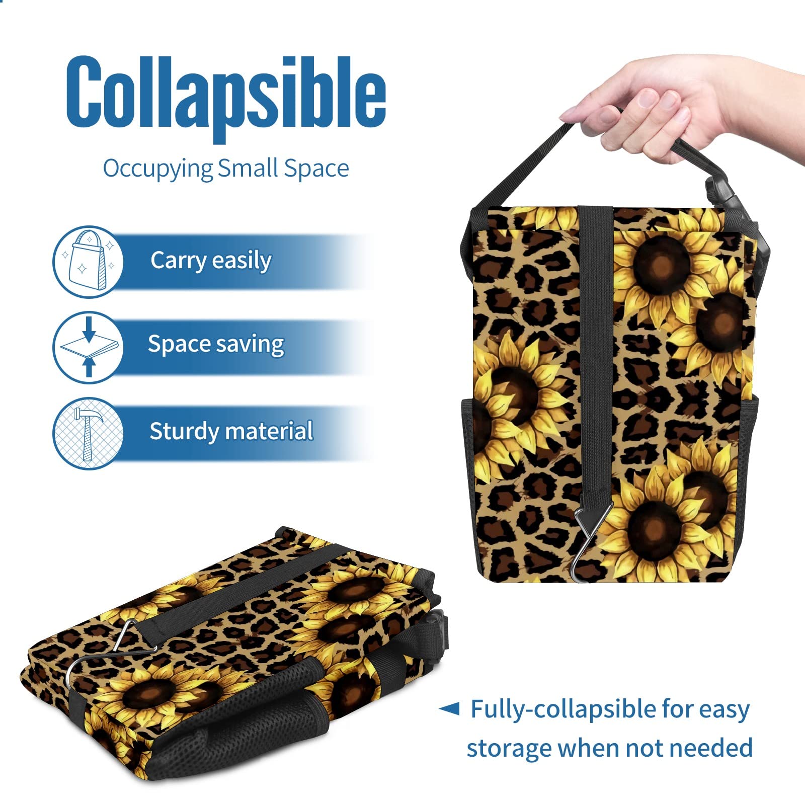 Leopard Sunflower Car Trash Can with Lid - Collapsible Reusable Waterproof Auto Garbage Bin for Car, Truck & SUV | Vehicle Interior Organizer Accessory | Perfect for Road Trips, Commuting & Family Travel