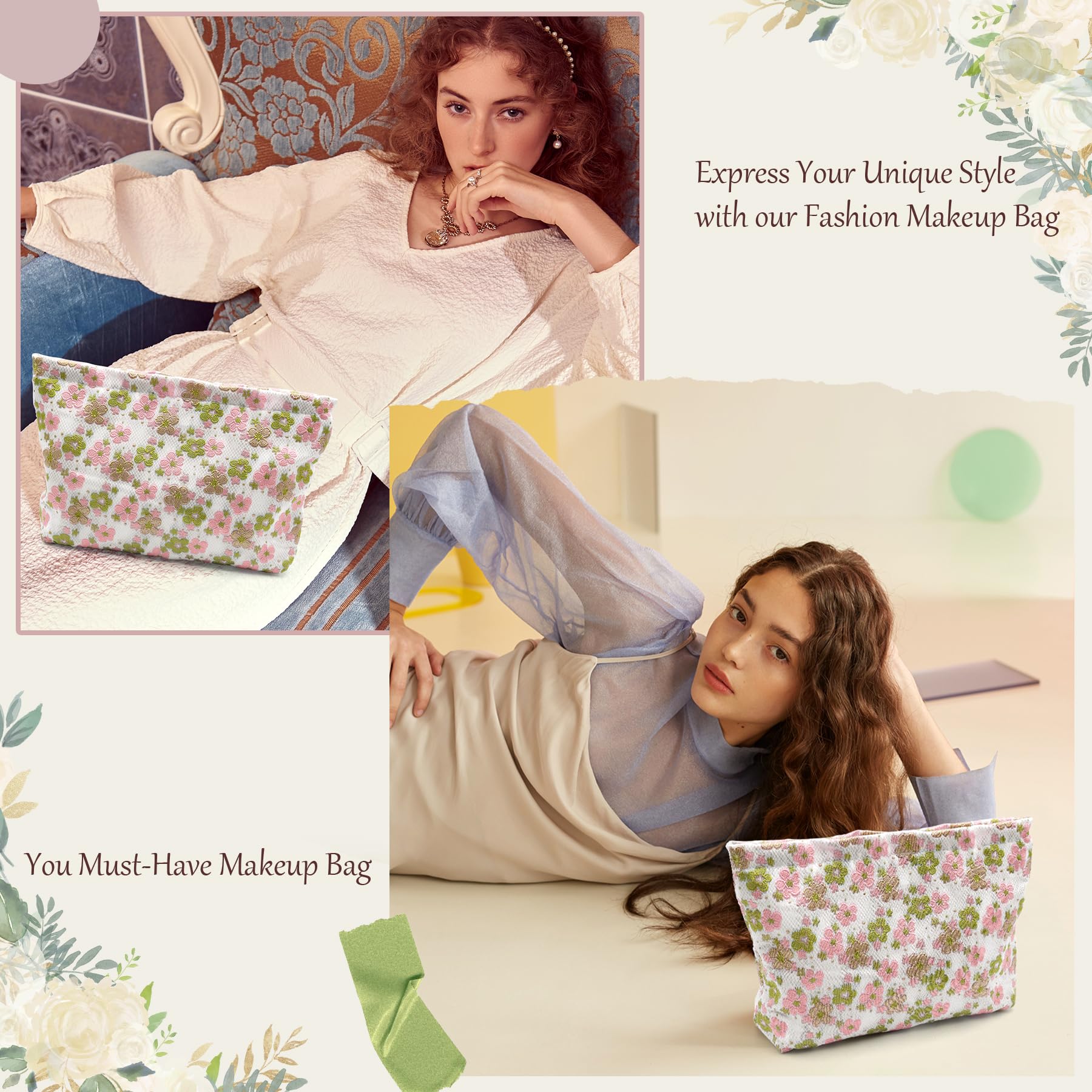 Floral Makeup Bag for Women - Large Capacity Cosmetic Organizer with Zipper - Travel Toiletry Bag for Makeup Brushes & Beauty Essentials - Perfect for Vacation, Gym & Daily Use