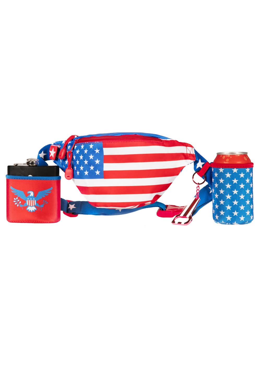 Patriotic USA Flag Fanny Pack with 2 Detachable Drink Holders & Bottle Opener - Adjustable Waist Bag for July 4th, Beach Parties, BBQs & Outdoor Events - Red & Blue American Themed Belt Bag