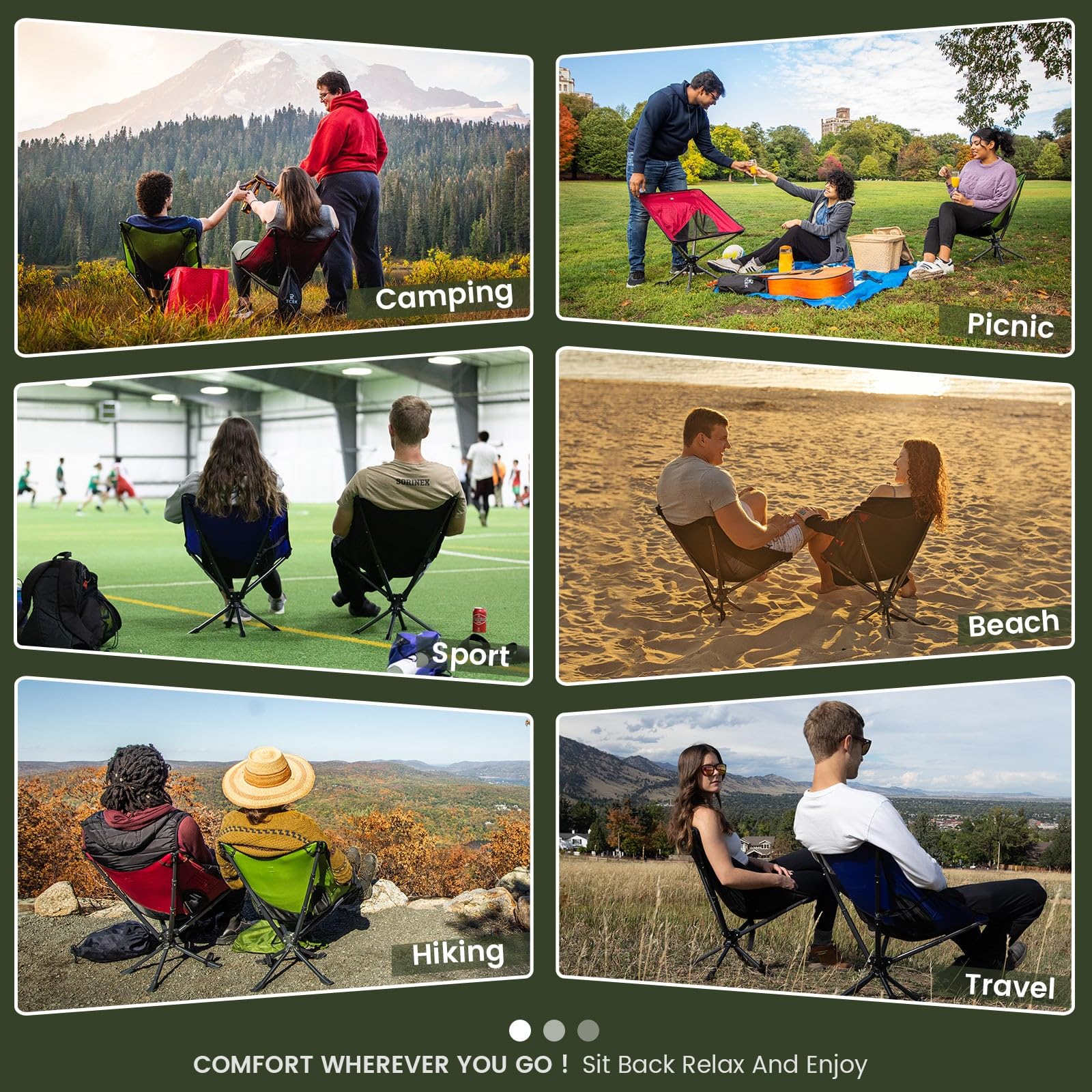 Upgraded Swivel Portable Folding Chair - Compact & Lightweight Collapsible Chair for Adults, Sets Up in 8 Seconds, Supports 300 lbs - Perfect for Camping, Travel, Hiking, Beach, Picnics, Backyard & Outdoor Events