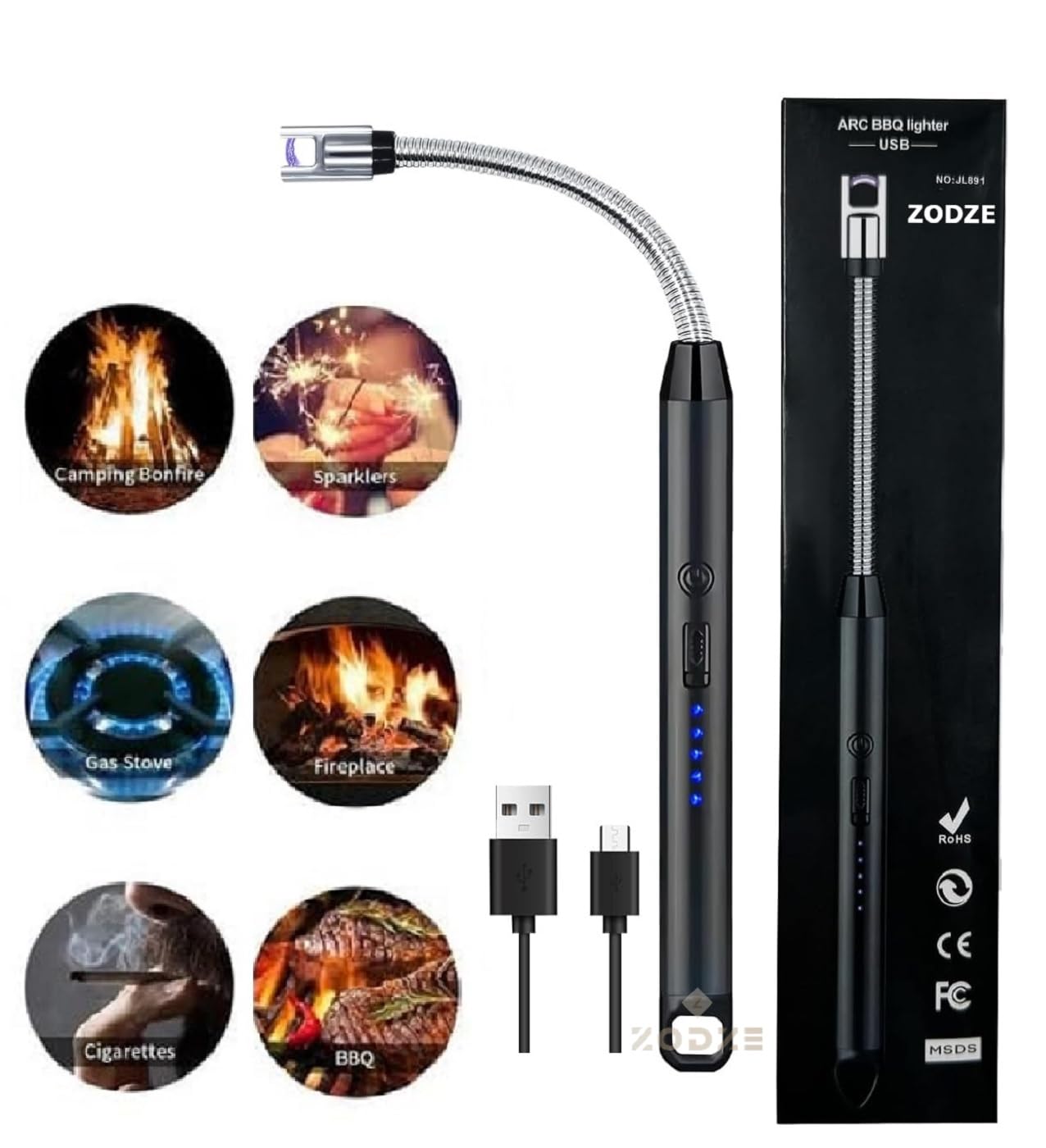 ZODZE USB Rechargeable Plasma Lighter - Windproof 360° Flexible Arc Lighter for Kitchen, Candles, BBQ, Camping & Home Use (Multicolor) | Perfect for Lighting Stoves, Candles, Bonfires & More