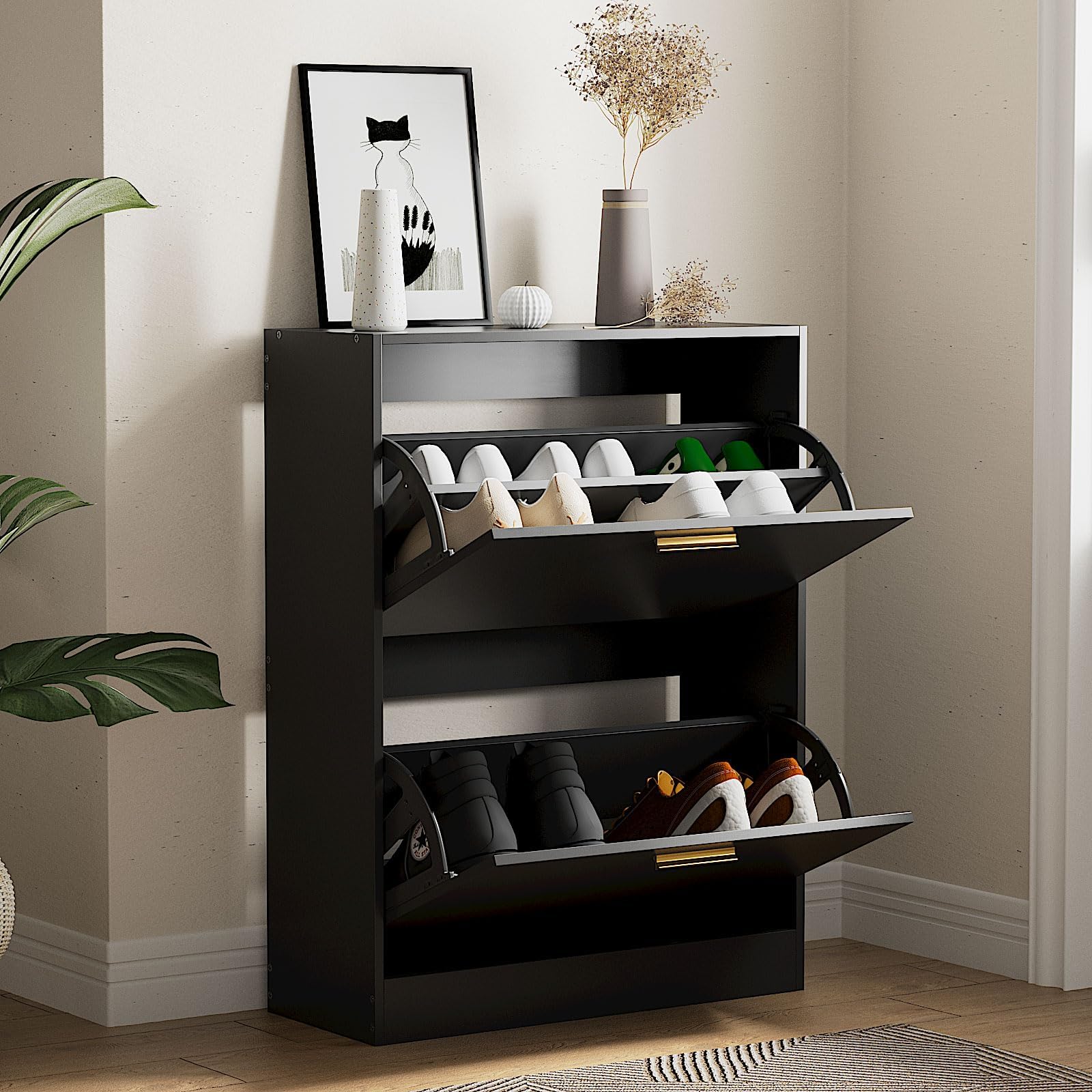 Slim Shoe Cabinet Set of 2 - Black Narrow Hidden Shoe Storage with Flip Drawers | Freestanding Shoe Organizer for Entryway, Hallway & Closet | Space-Saving Shoe Rack for Small Apartments & Home Organization