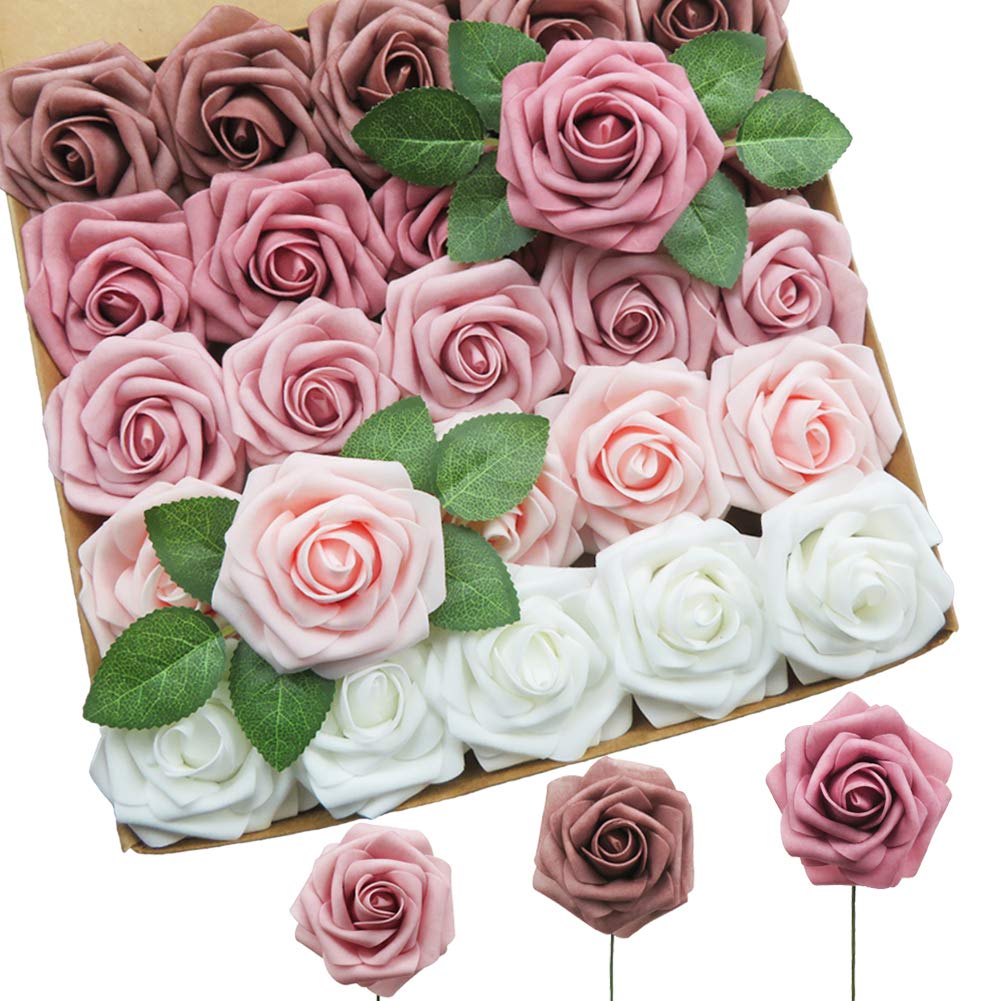 25pcs Realistic Artificial Rose Flowers with Stems & Leaves - DIY Wedding Bouquets, Centerpieces, Floral Arrangements - Perfect for Home Decor, Party Decorations & Romantic Gift Giving