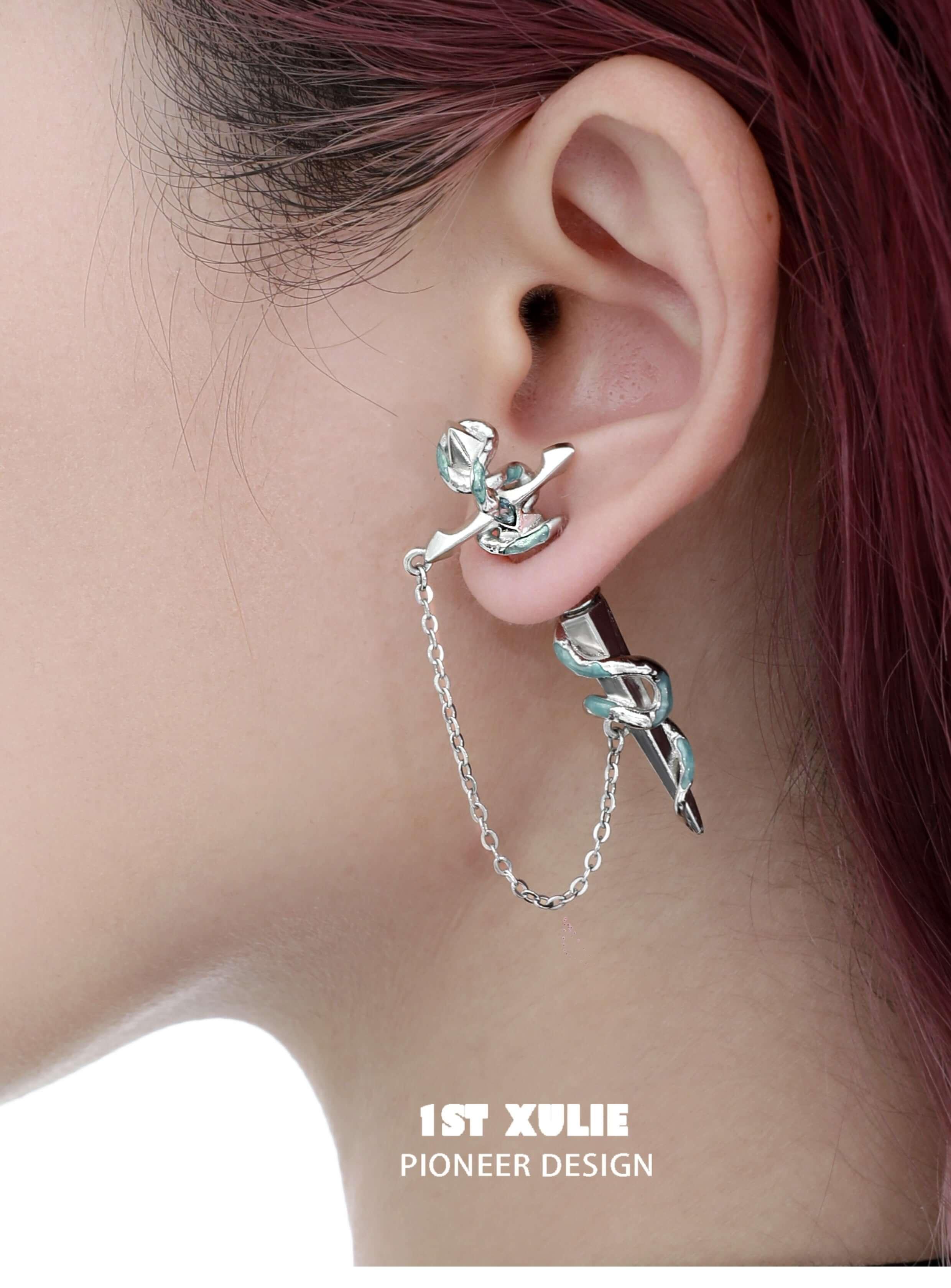 18K Platinum Plated Sword Chain Stud Earrings for Women - Frozen Serpent Girl Gothic Jewelry - Perfect for Halloween Costume, Cosplay, and Punk Fashion Accessories