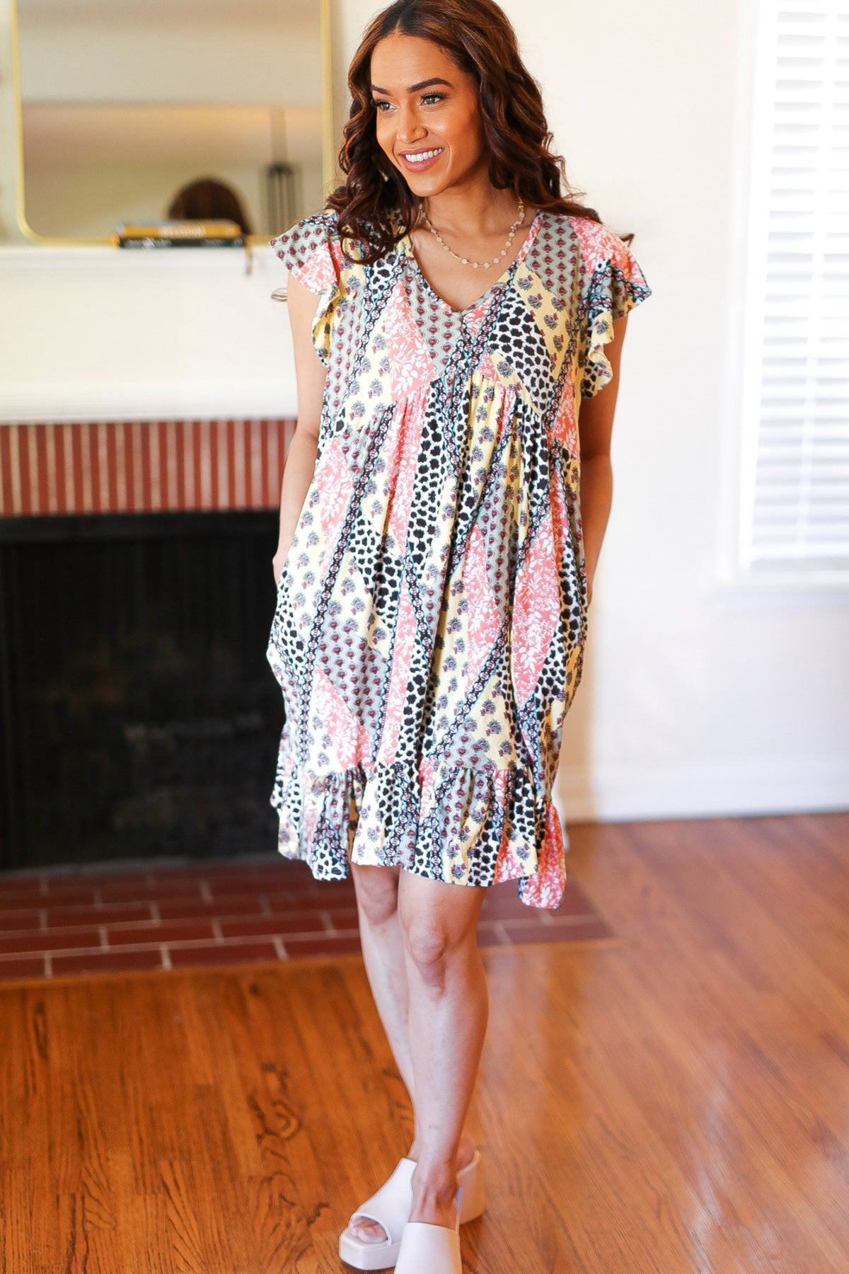 Stylish Yellow & Coral Patchwork Babydoll Dress with Flutter Sleeves - Perfect for Summer Outfits, Beach Vacations & Casual Date Nights