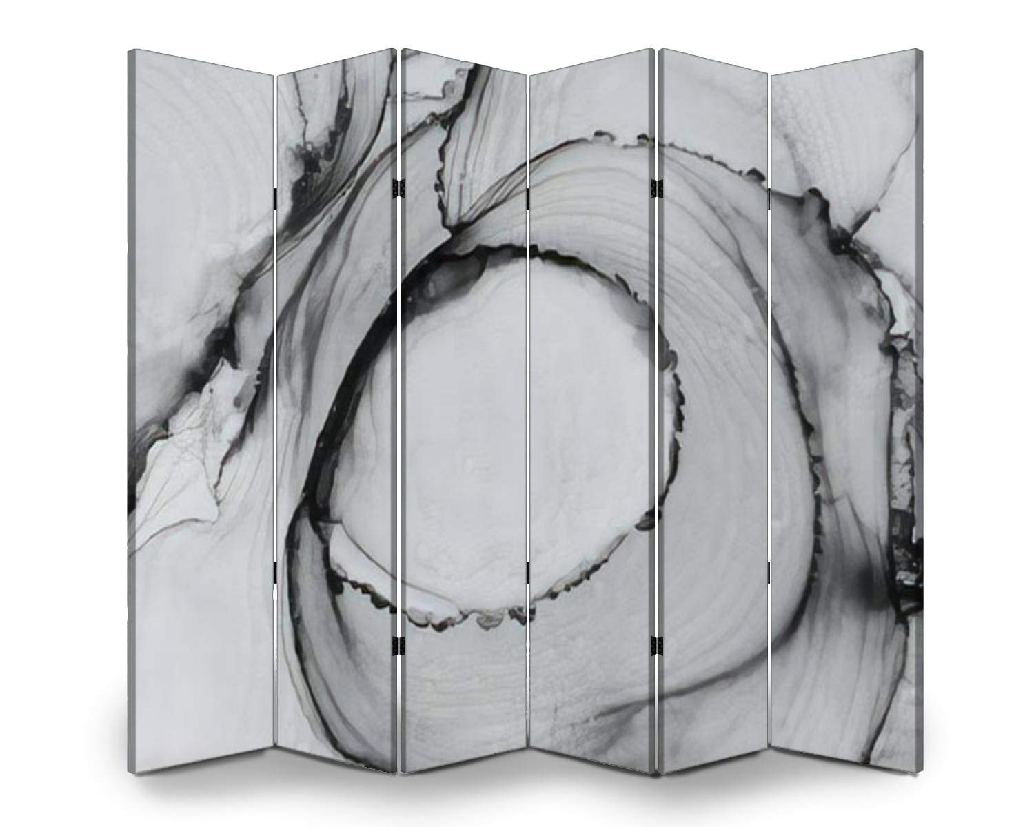 Modern 6-Panel Wood Screen Room Divider - Black & White Alcohol Ink Design with Grey Splash & Silver Accents | Dual-Sided Folding Privacy Partition for Home Office, Bedroom Separation, and Indoor Display Shelves | Canvas Wall Divider for Contemporary Spaces