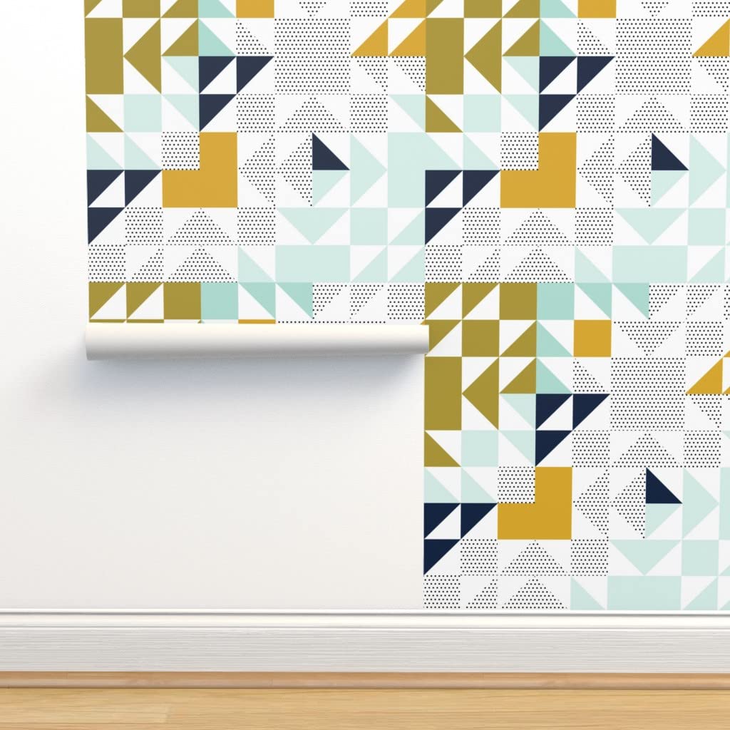 Peel & Stick Removable Wallpaper 9ft x 2ft - Aqua Geometric Polka Dot Design, Gold Mustard Dots, Spoonflower Custom Wallpaper for Nursery, Kids Room & Home Decor
