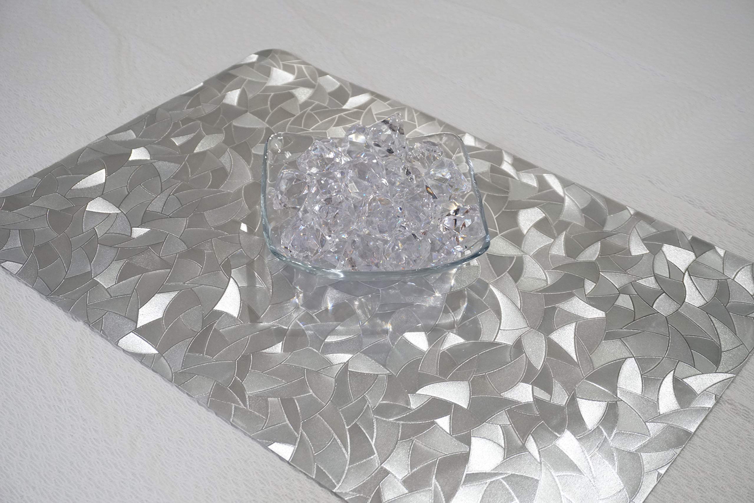 Elegant Silver Metallic Leaf Rectangle Vinyl Placemats - Heat Resistant, Non-Slip & Easy Clean Dining Table Mats - 12