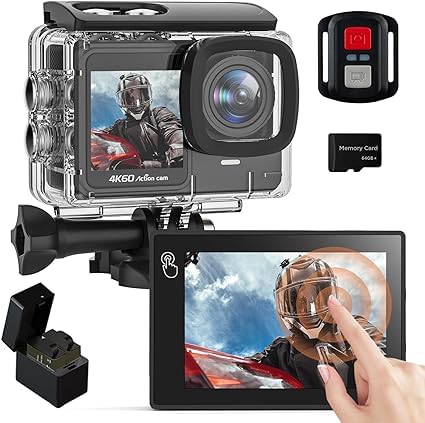 4K 60FPS Touchscreen Action Camera with 64GB SD Card - Dual Screen, 24MP Underwater Camera, 131FT Waterproof, 170° Wide Angle Sports Camera - Includes 2x1350mAh Batteries & Helmet Accessories Kit for Diving, Surfing, Skiing & Extreme Sports