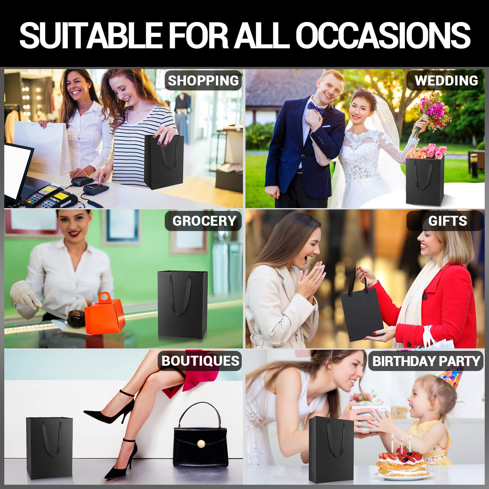 EUSOAR 12 Pack Black Kraft Paper Gift Bags with Handles - 5.9x2.3x7.8 Inches Small Heavy Duty Gift Wrap Bags for Wedding, Baby Shower, Birthday Party, Grocery, Boutique & Business - Perfect for Party Favors, Retail Packaging & Gift Giving