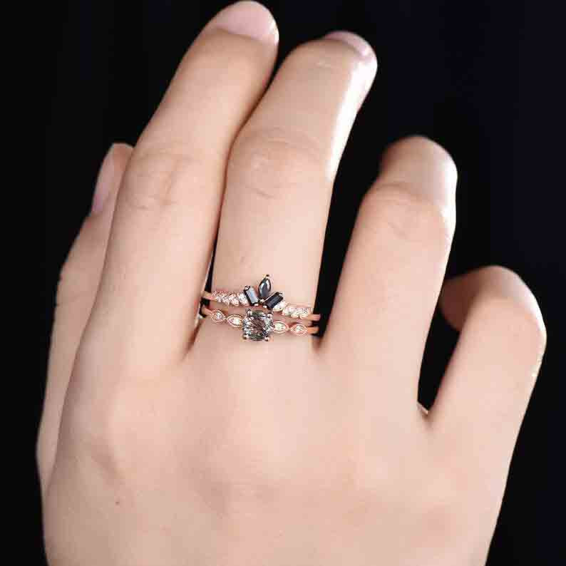 Classic Black Rutilated Quartz & Black Diamond Engagement Ring Set with Black Spinel Wedding Band - Perfect for Proposals, Anniversaries & Bridal Jewelry