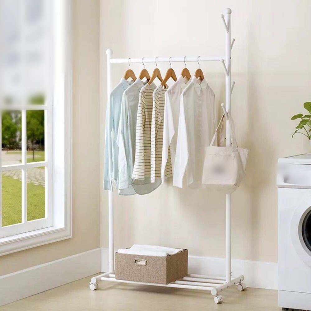 White Creative Floor Standing Coat Rack - Adjustable Hanging Frame for Bedroom & Living Room - Space Saving Drying Rod for Clothes, Hats & Bags - Perfect for Apartments, Dorms & Small Spaces