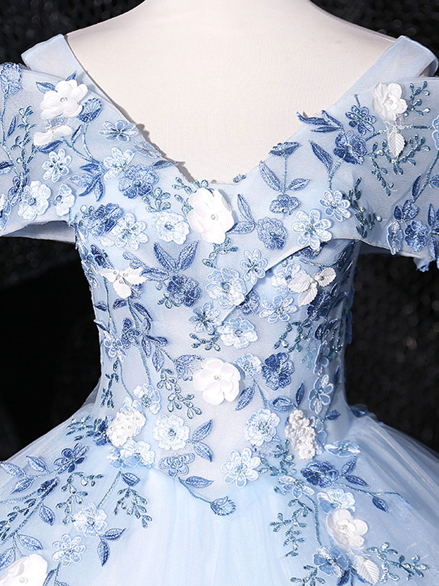 Elegant Blue V-Neck Tulle Lace Long Formal Prom Dress for Women | Sweet 16 Party Gown | Perfect for Homecoming, Quinceañera & Evening Events