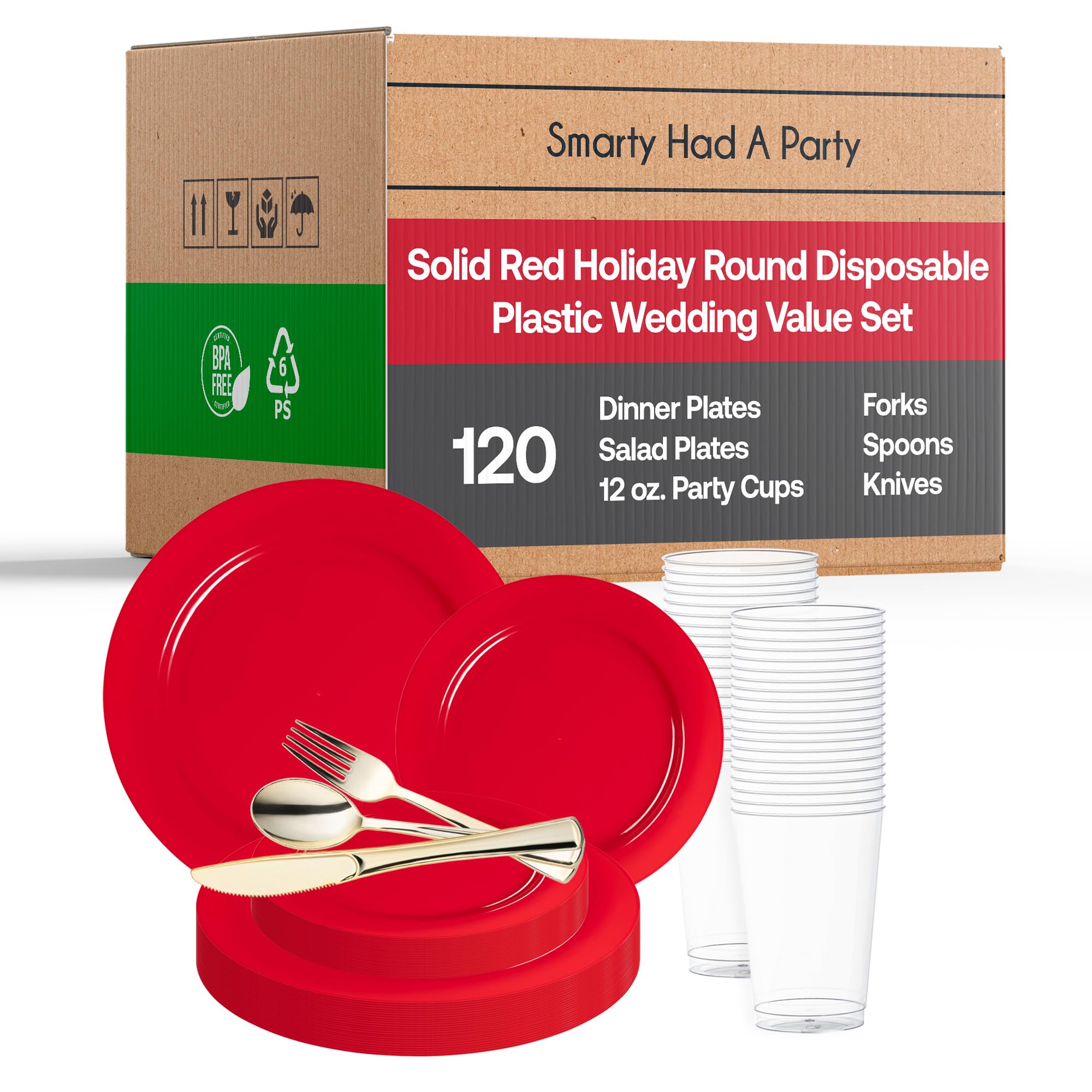 Smarty Had A Party 120-Piece Red Combo Plate Set – Wedding & Event Tableware for Large Gatherings (Durable Disposable Plates for Parties, Receptions & Catering)