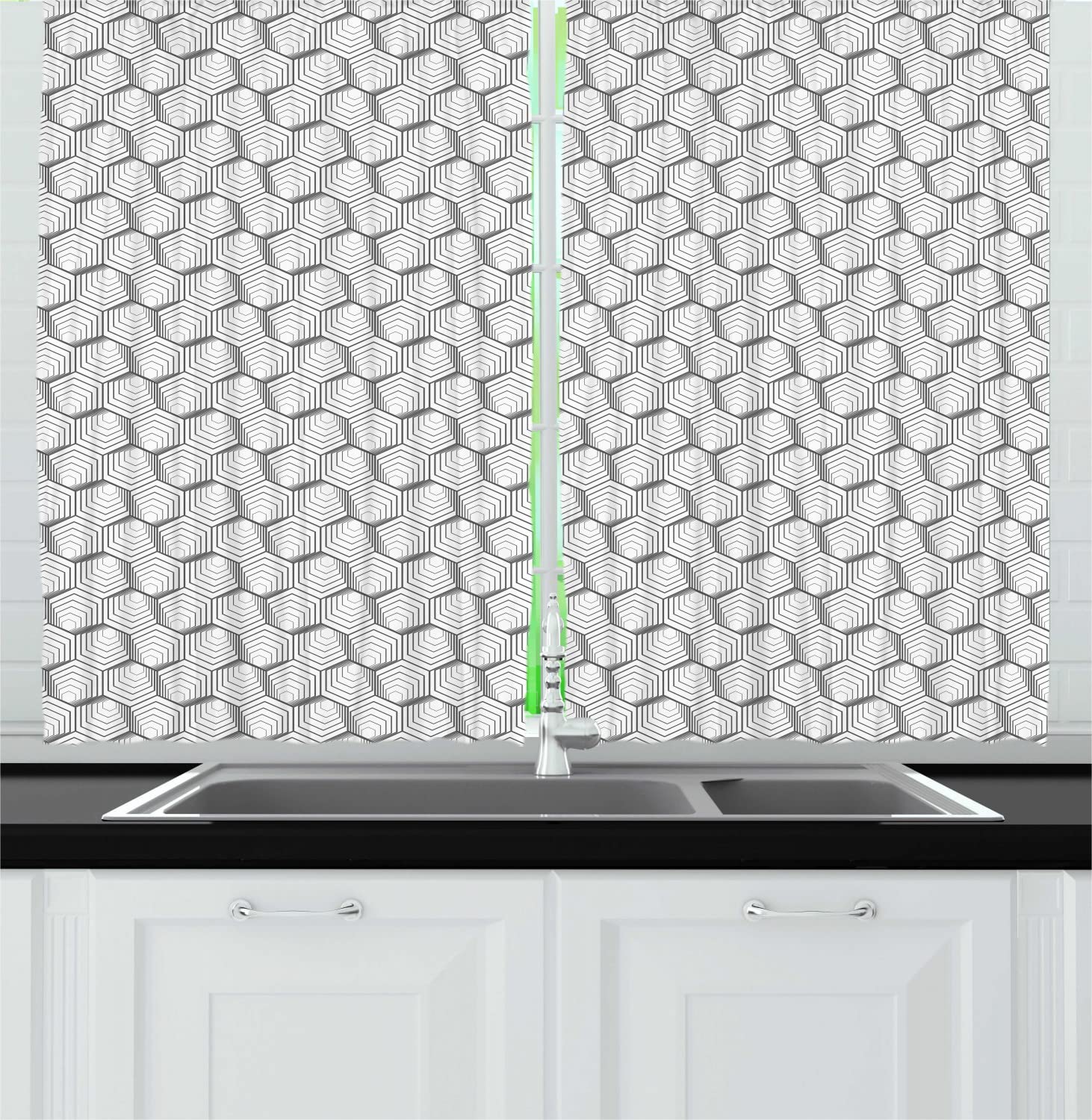 Ambesonne Abstract Long Kitchen Curtains - Modern Geometric Optical Illusion Print Window Drapes with Rod Pocket, 55