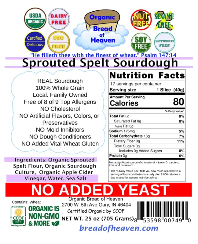 Organic Bread of Heaven - Sprouted Spelt Sourdough Bread, 2 Loaves, USDA Certified Organic | Perfect for Healthy Breakfast, Sandwiches & Family Meals