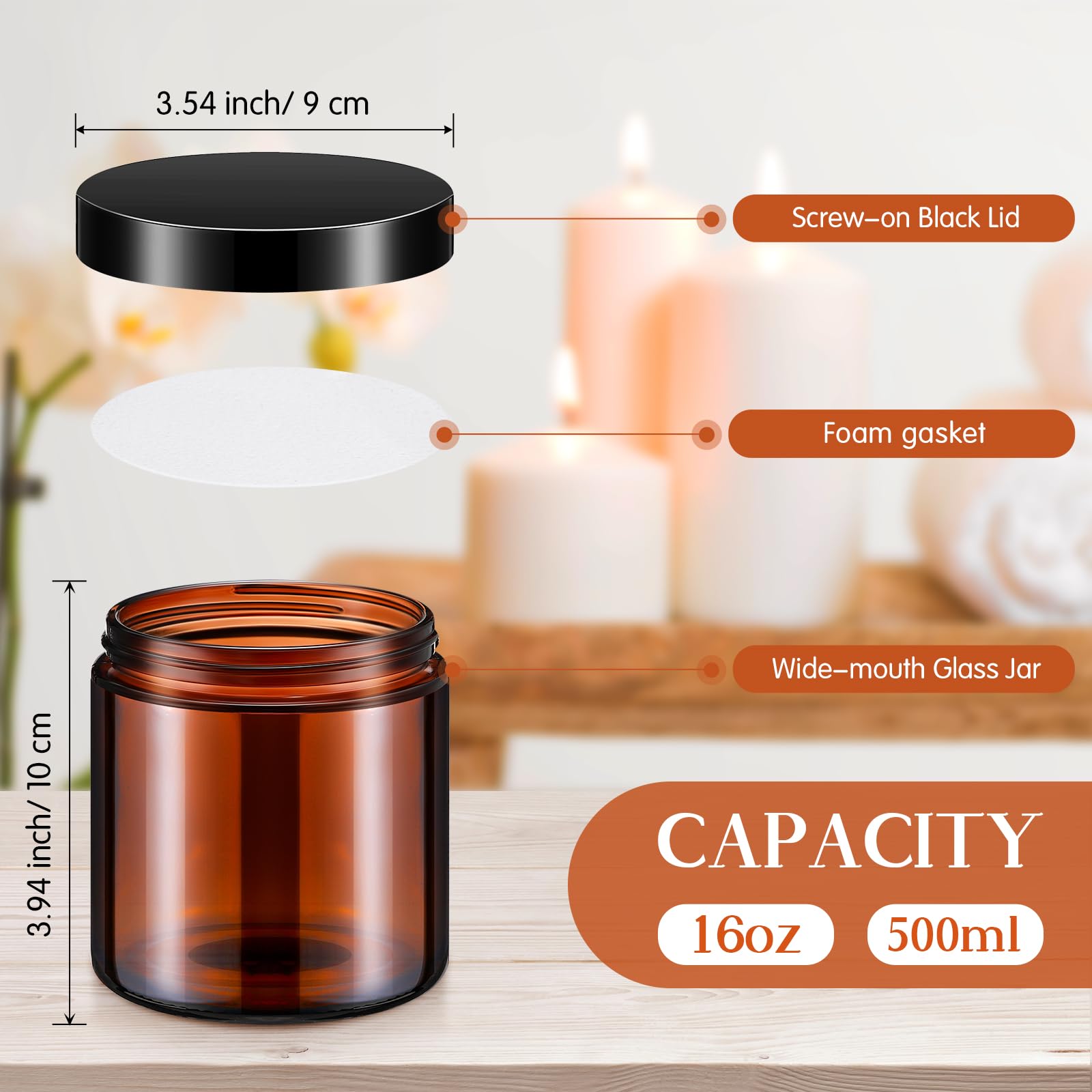 24-Piece 16 oz Amber Glass Jars with Airtight Lids - Leakproof Storage Containers for Candle Making, Cosmetics, Spices, Herbs & DIY Crafts - Perfect for Storing Lotions, Powders, Ointments & Homemade Preserves