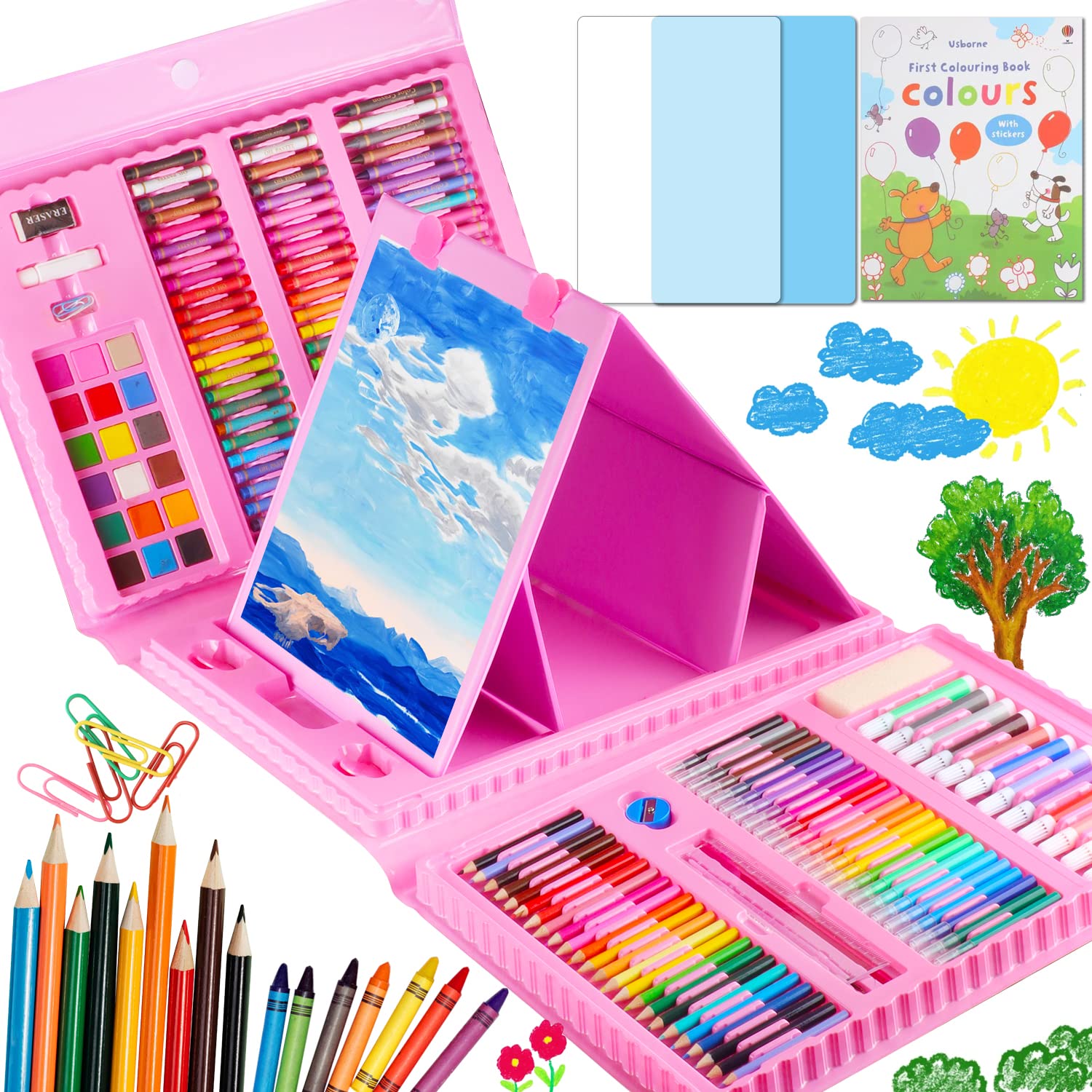 IFUCTYE 208PCS Deluxe Art Set with Trifold Easel - Complete Painting & Drawing Kit for Kids, Teens & Adults - Perfect Gift for Artists & Beginners (Pink) | Ideal for Home, School & Creative Projects