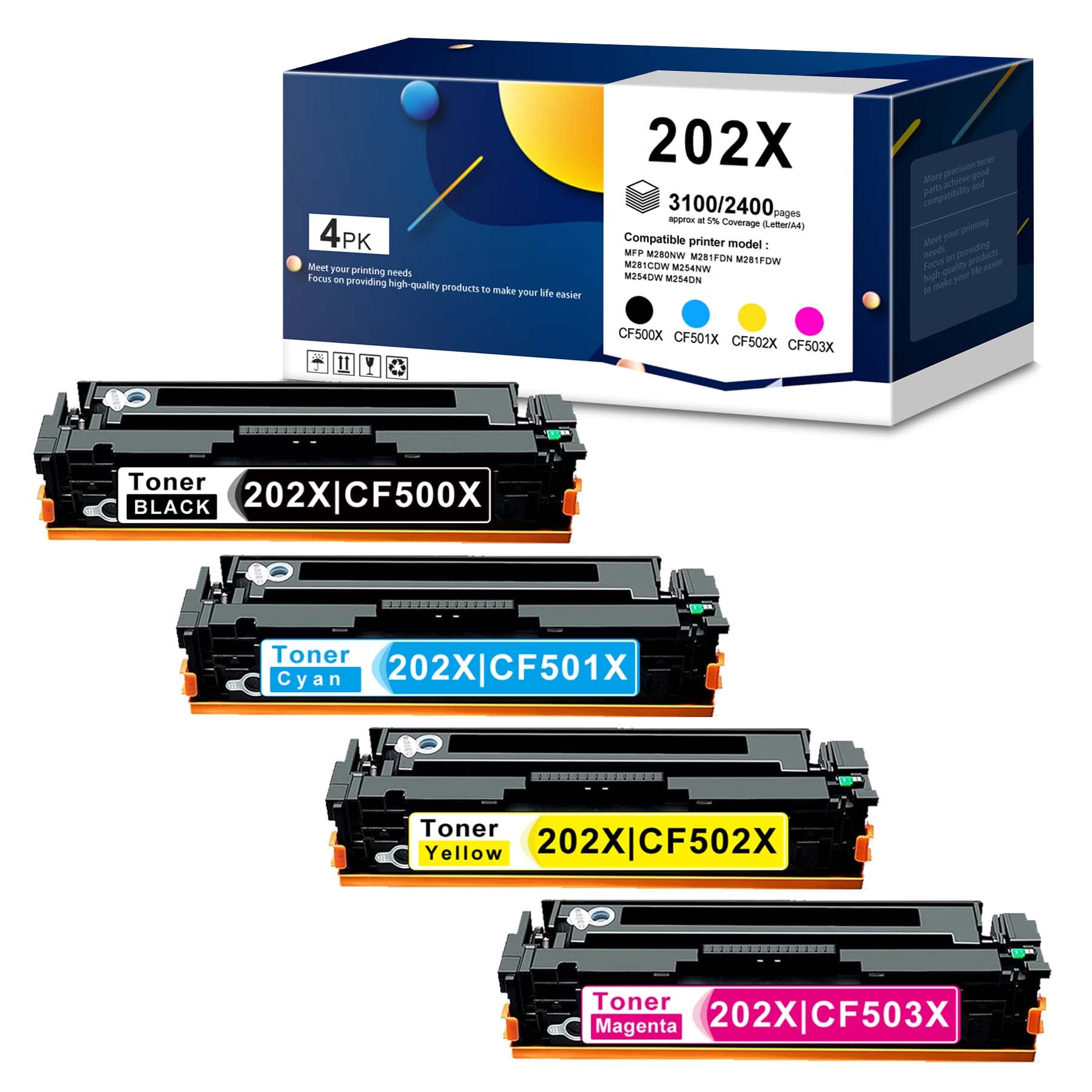 4-Pack (1BK+1C+1Y+1M) High-Yield Compatible Toner Cartridge Replacement for HP Color Pro MFP M280nw M281fdn M281fdw M281cdw M254nw Printers | CF500X CF501X CF502X CF503X Series | Perfect for Home Office & Small Business Printing Needs