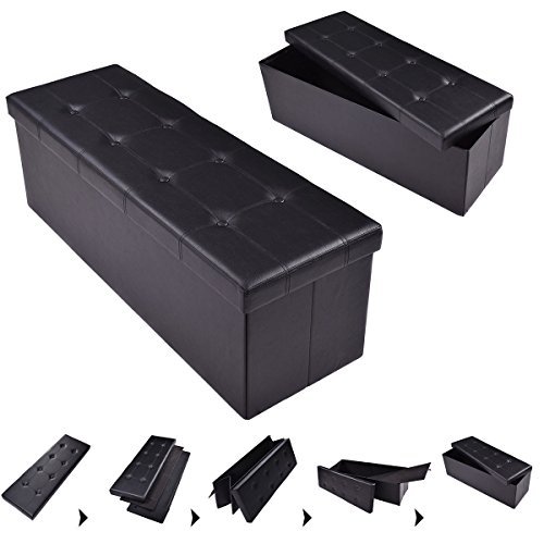 Folding Storage Ottoman Bench - Large Faux Leather Foot Rest Pouffe with Hidden Storage, Black | Perfect for Living Room, Bedroom & Home Organization