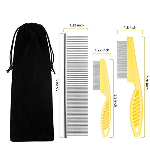 **Durable Metal Flea Comb for Cats & Dogs - 3-Piece Pet Grooming Set with Lice Comb, Tangle Remover & Storage Pouch (Yellow) – Gentle Detangling, Dandruff & Tear Stain Removal for Healthy Pet Coat**    *(Perfect for Daily Grooming, Removing Fleas, Lice & Tangles – Ideal for Long & Short-Haired Pets at Home or Travel)*