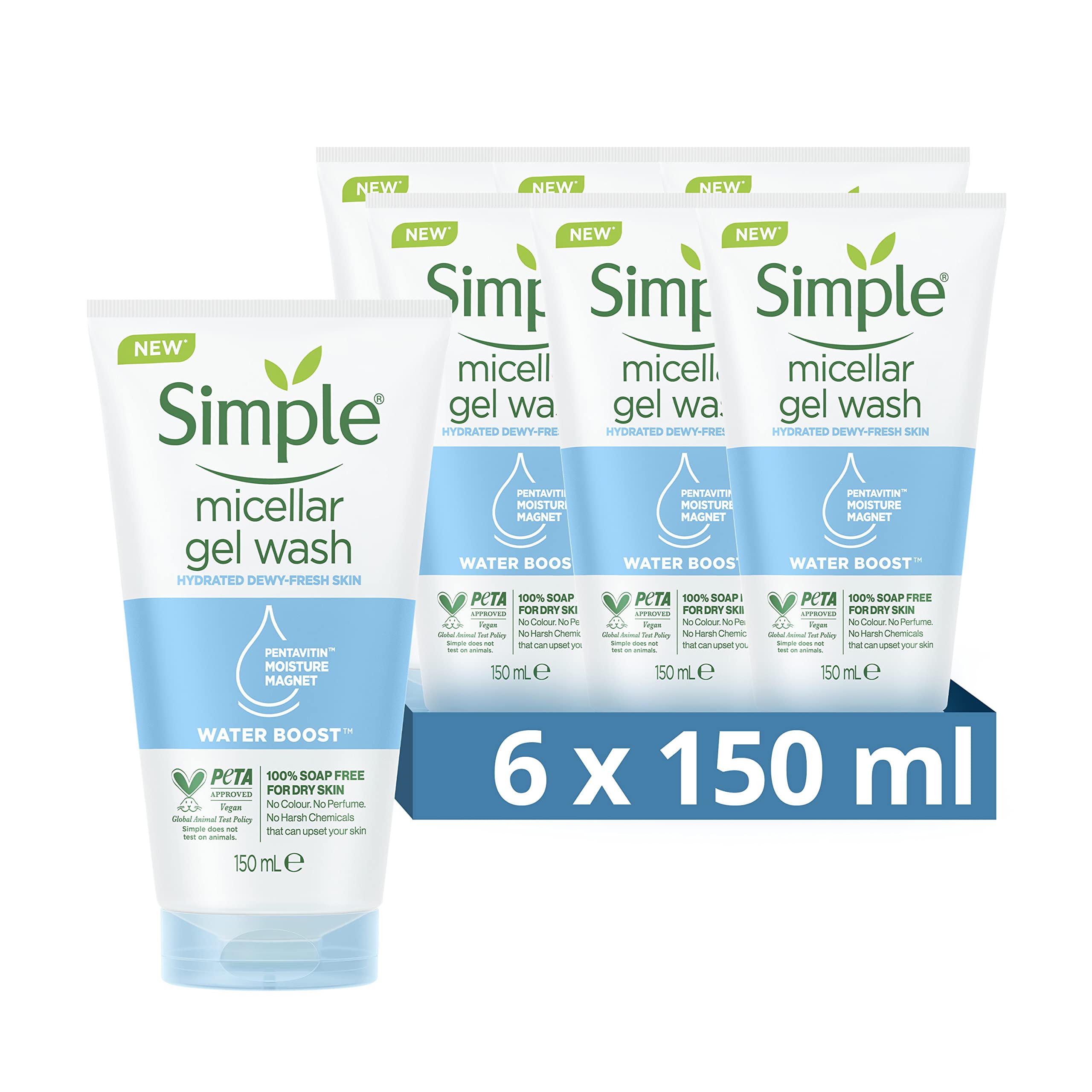 Simple Water Boost Micellar Facial Gel Wash 150ml (6-Pack) - Gentle Cleansing & Hydrating Face Wash for All Skin Types | Perfect for Daily Skincare Routine & Travel