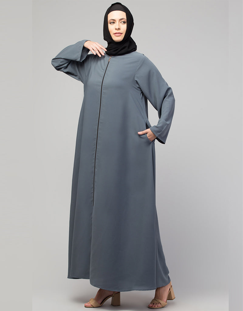 Arabic Basic Abaya with Zipper - Long Sleeve Grey Islamic Dress for Women | Modest Prayer Dress & Everyday Wear