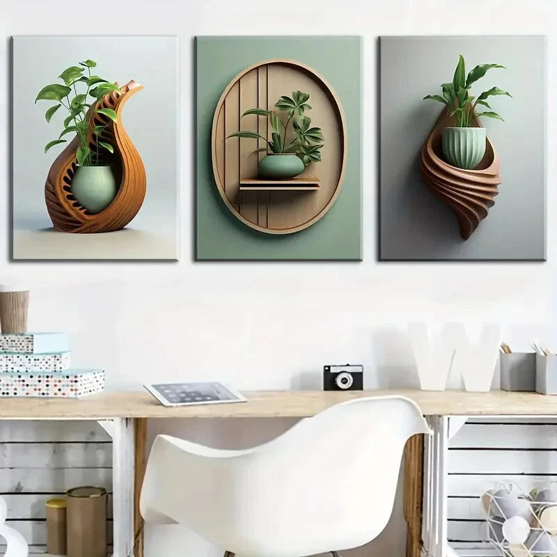 3-Piece Metal Wall Art Prints with Plant Vase Design - Ready to Hang Home Decor for Living Room, Bedroom & Office