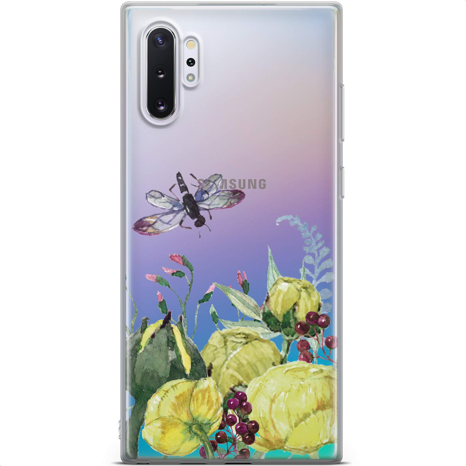 Samsung Galaxy S24 S23 Ultra S22 5G Plus S21 FE S20 S10 Phone Case - Floral Dragonfly TPU Protective Cover with Green Peony & Ranunculus Design | Slim Lightweight Silicone Case for Everyday Protection & Style