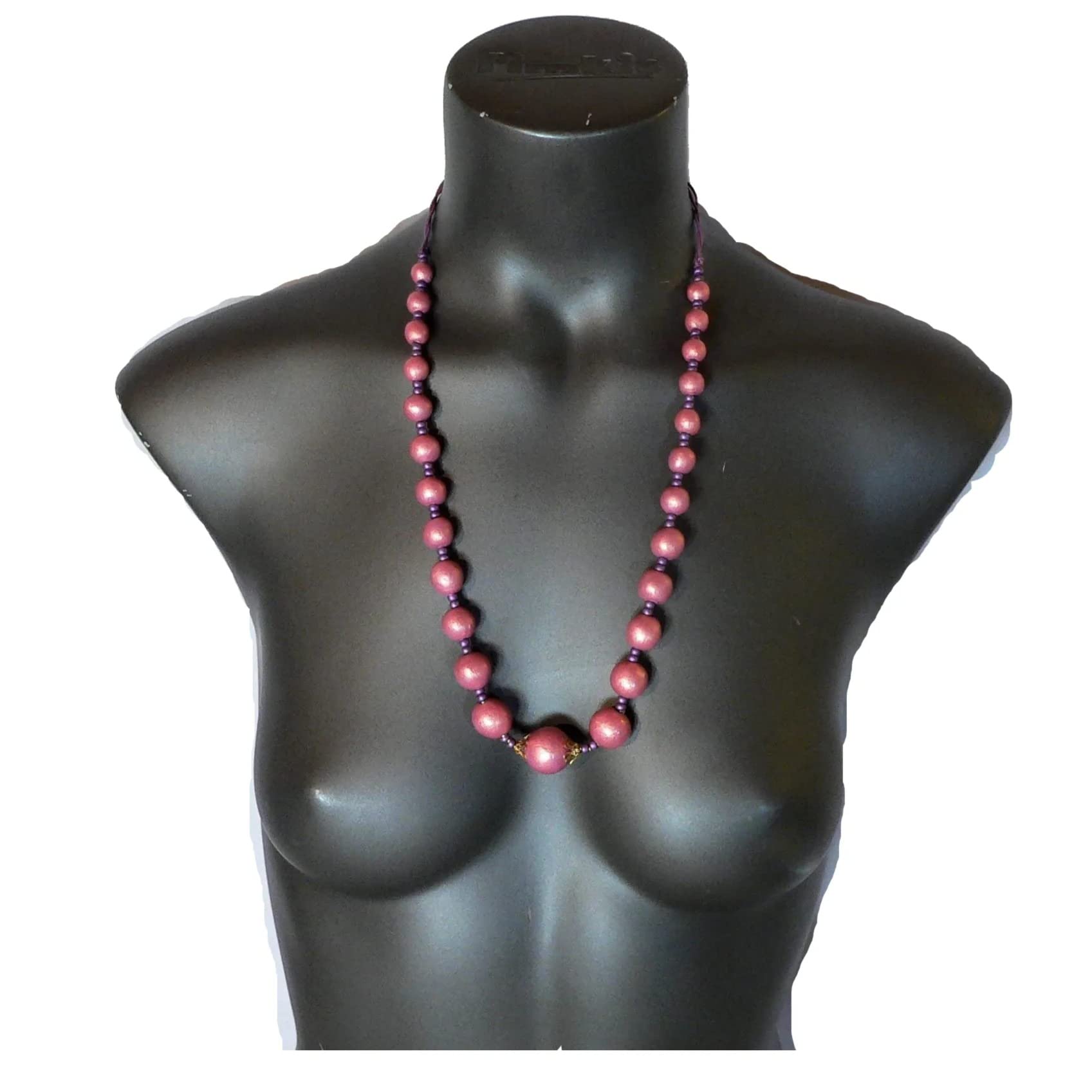 Ceramic Bead Long Necklace for Women - Pink Synthetic Leather Lace Jewelry, 