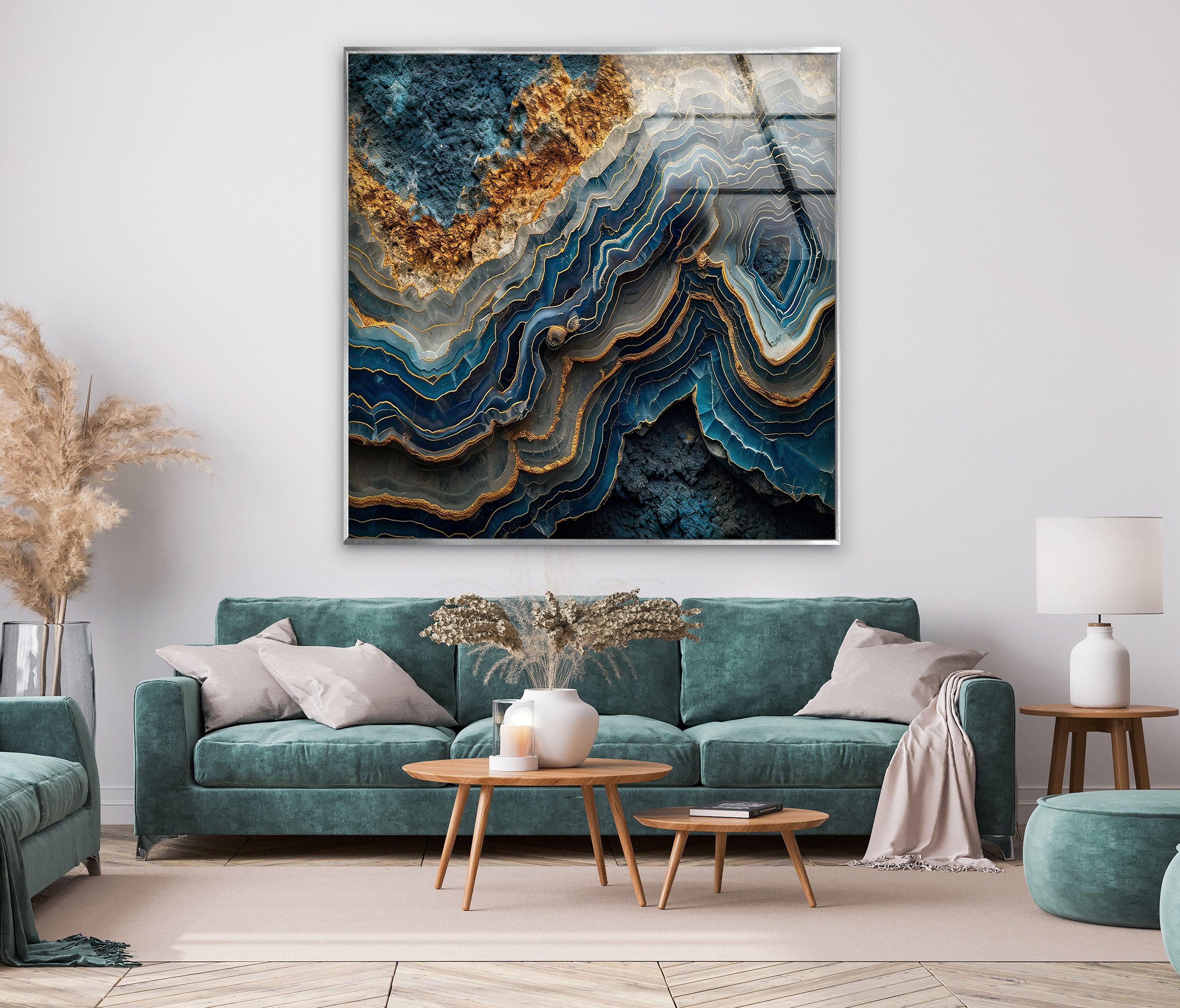 Blue and Gold Marble Glass Wall Art - Elegant Home Decor for Living Room, Bedroom & Office | Modern Abstract Design for Stylish Interior