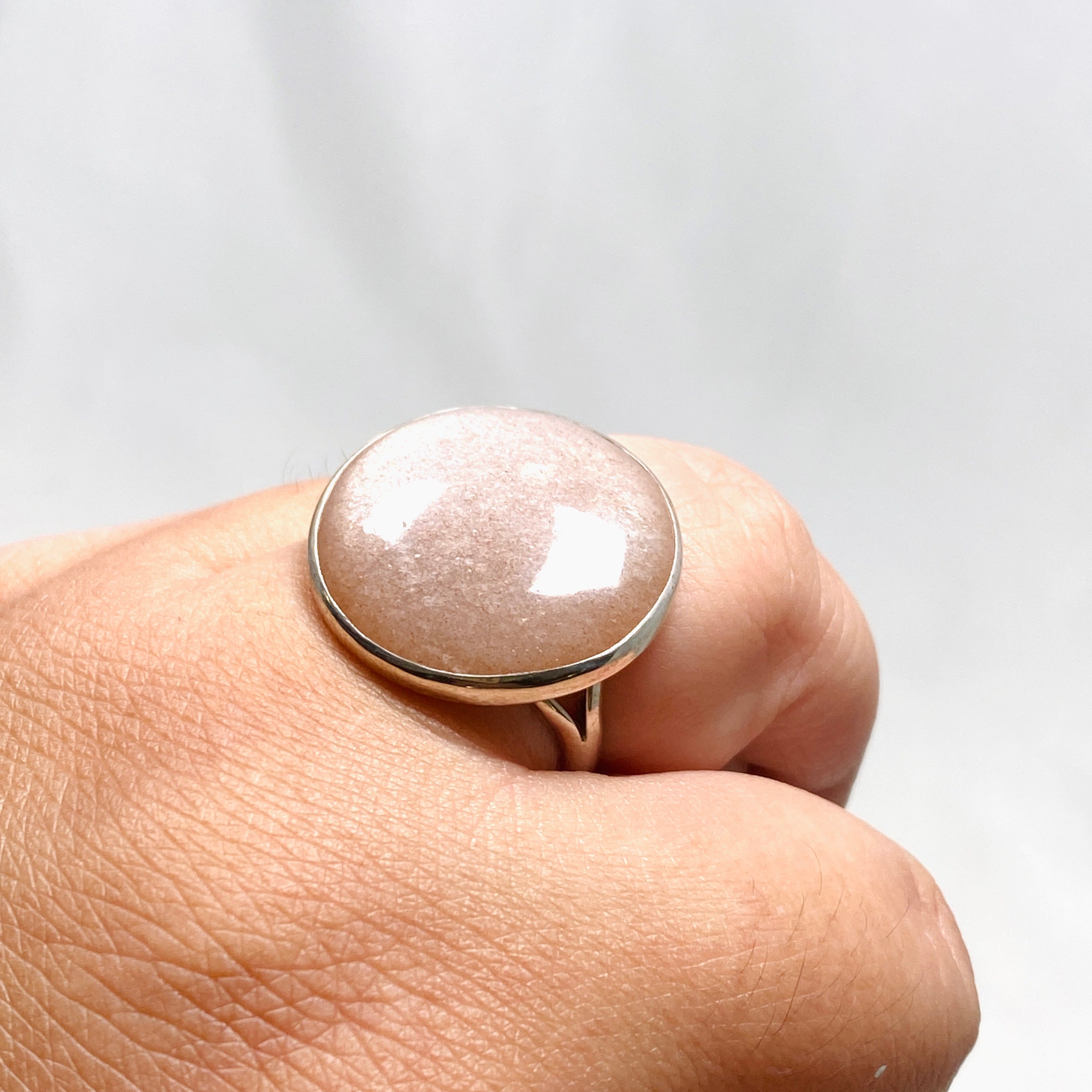 Natural Peach Moonstone Round Ring - Size 10 Silver Jewelry KRGJ2173 | Elegant Boho Gift for Women, Perfect for Weddings & Everyday Wear