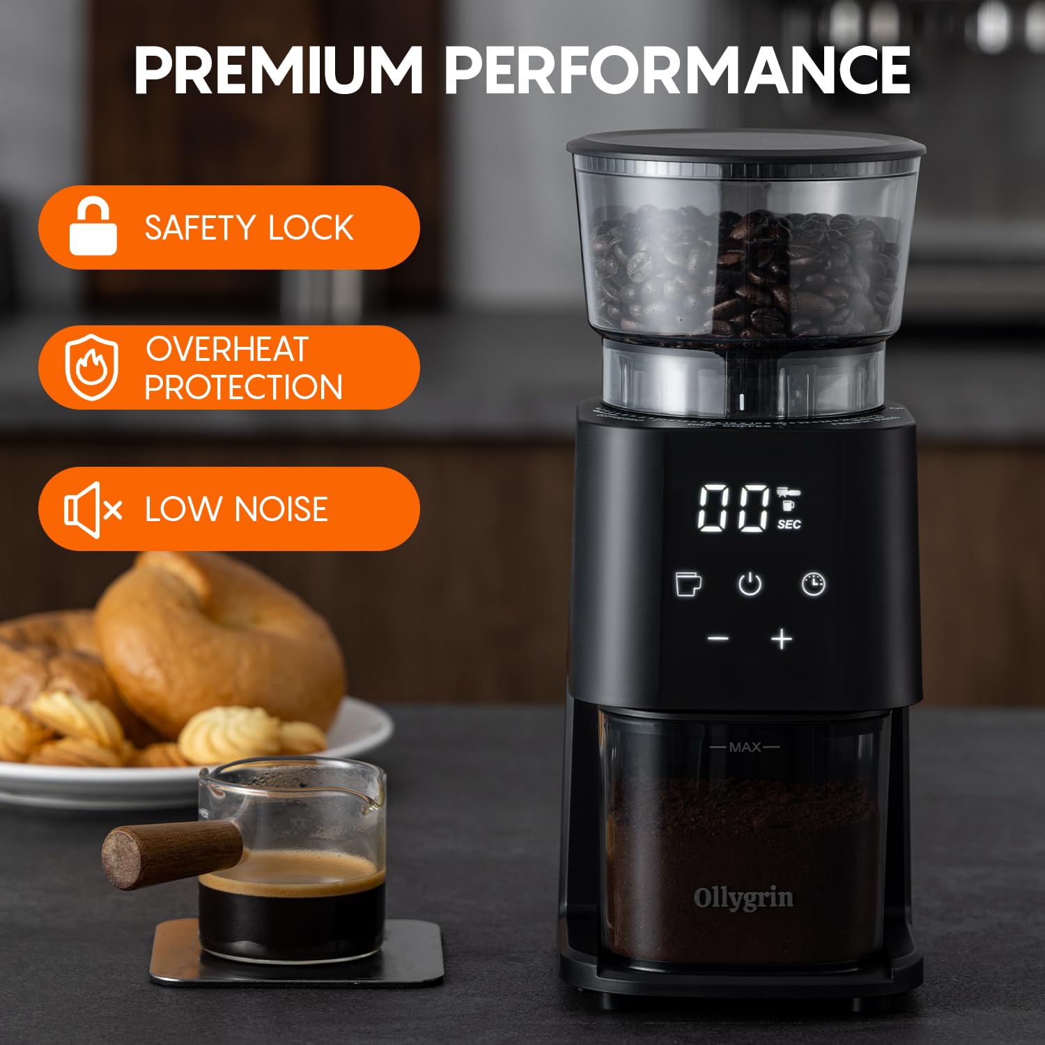 Ollygrin Electric Conical Burr Coffee Grinder - 30 Precise Grind Settings with Digital Timer for Espresso, Drip & French Press (2-12 Cups) | Perfect for Home Baristas & Coffee Enthusiasts