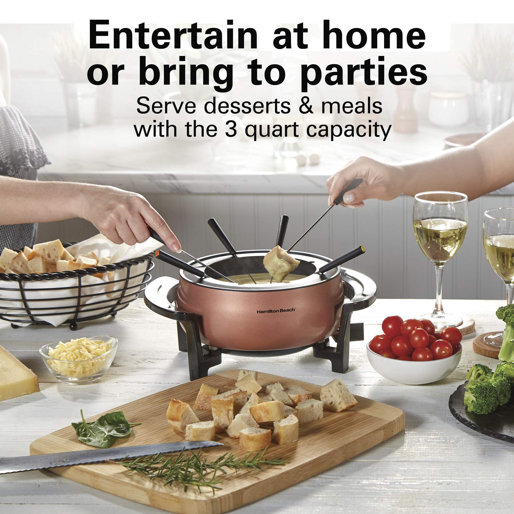 Hamilton Beach 86201 12-Cup Electric Fondue Pot Set with Adjustable Temperature Control - 6 Color-Coded Forks for Cheese, Chocolate, Oil & Broth (3-Quart Capacity, Copper) - Perfect for Parties, Date Nights & Family Gatherings