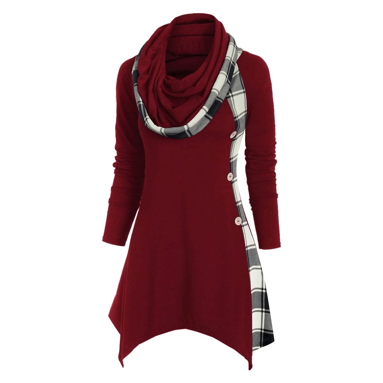 Elegant Women's Hooded Turtleneck Convertible Neck Lattice Stitch Button Irregular T-Shirt Top for Wedding Guest - Perfect for Bridal Showers, Cocktail Parties & Formal Events