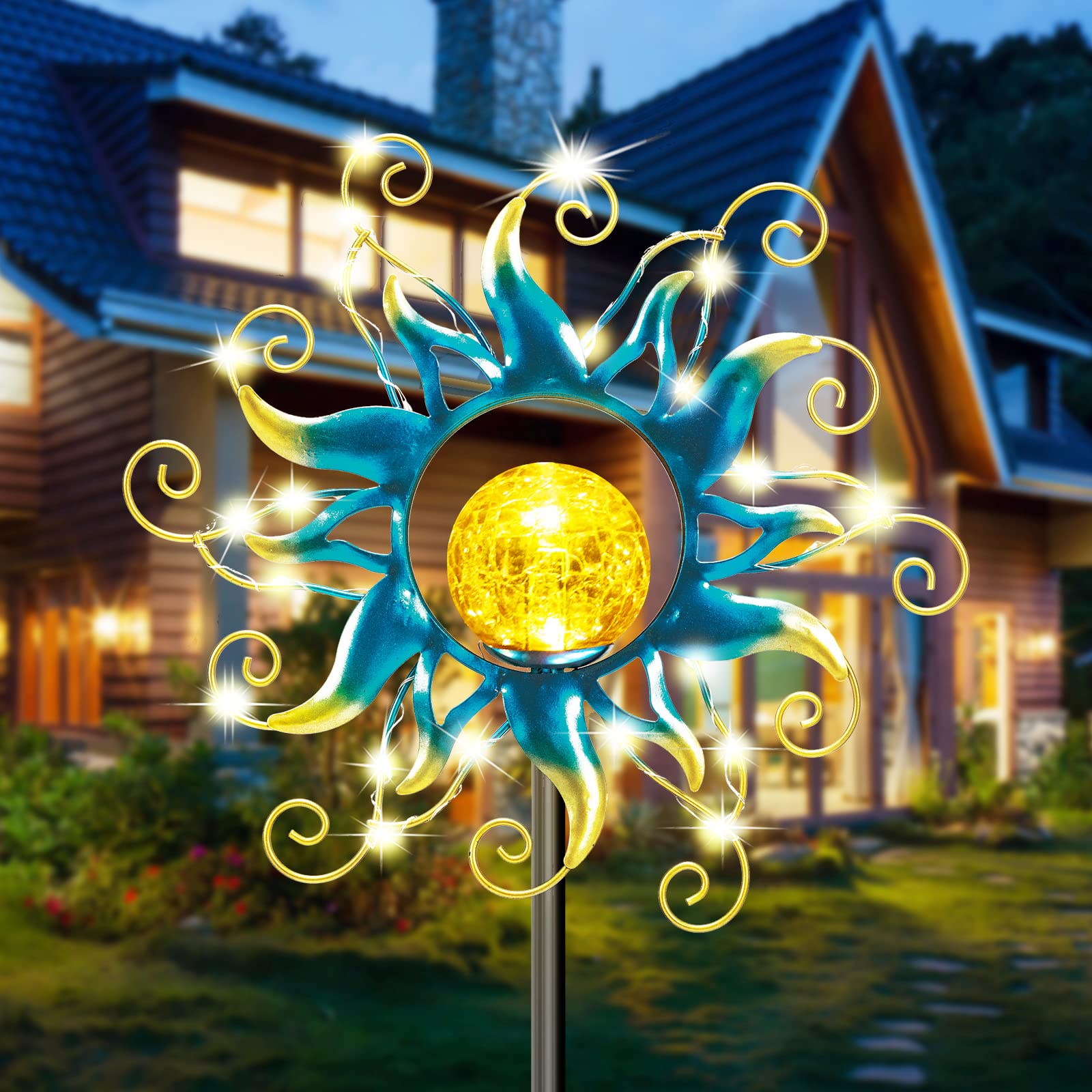 Solar Powered Outdoor Garden Lights - Blue Metal Sun Crackle Glass Globe Stake with 30 LED Waterproof Decor - Perfect for Patio, Lawn, Yard, Pathway & Backyard Lighting - Unique Gift Ideas for Women, Mom, Wife - Ideal for Evening Gatherings, Landscape Accent & Holiday Decorations