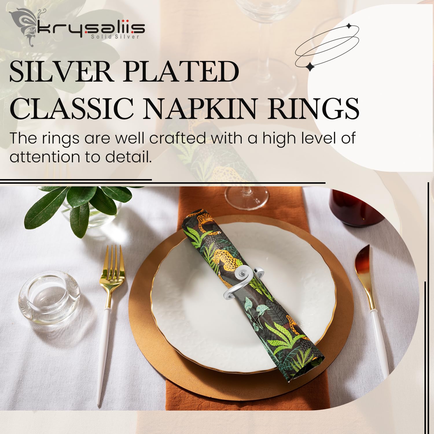 Elegant Silver-Plated Floral Leaf Napkin Rings - Engravable Personalized Wedding Napkin Holders | Premium Gift Box | Stainless Steel Dining Accessories for Wedding, Party & Home Decor