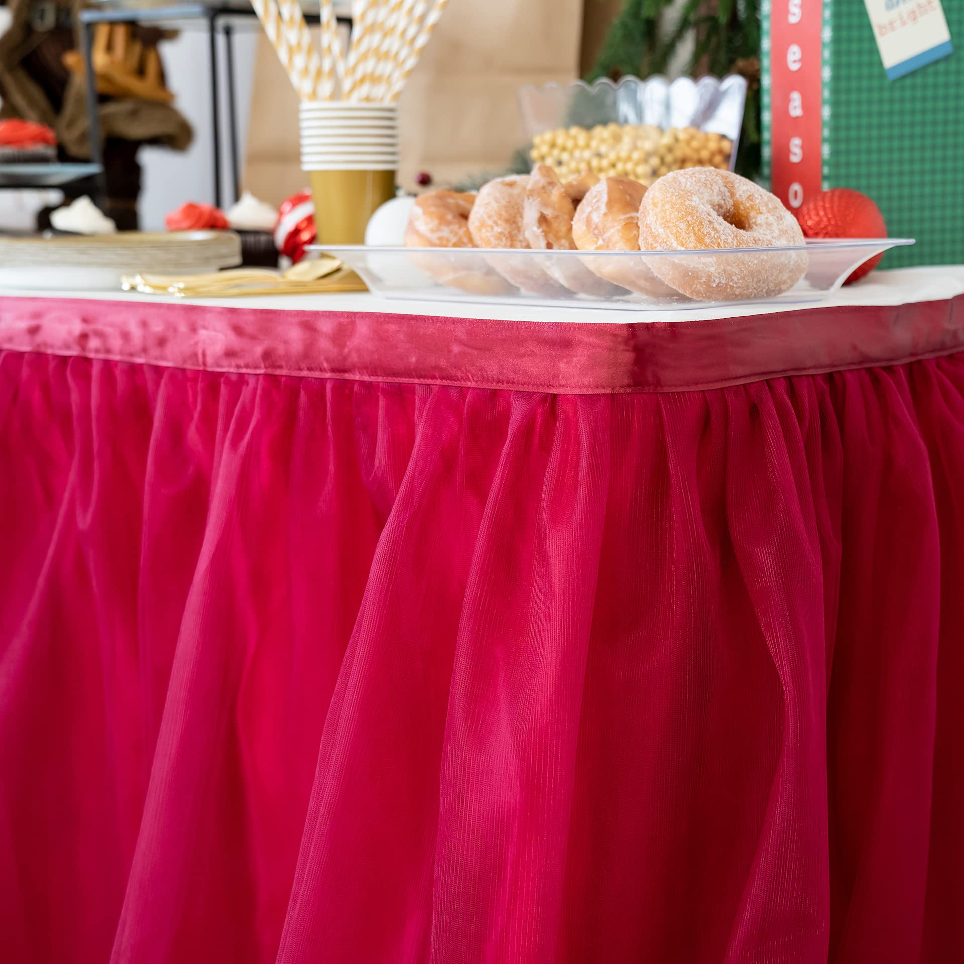 Bluekate Burgundy Tulle Table Skirt - 6ft Tutu Table Skirt for Rectangle Tables | Elegant Party Table Decoration for Weddings, Christmas & Special Events | Perfect for Banquet Halls, Birthday Parties & Holiday Decor