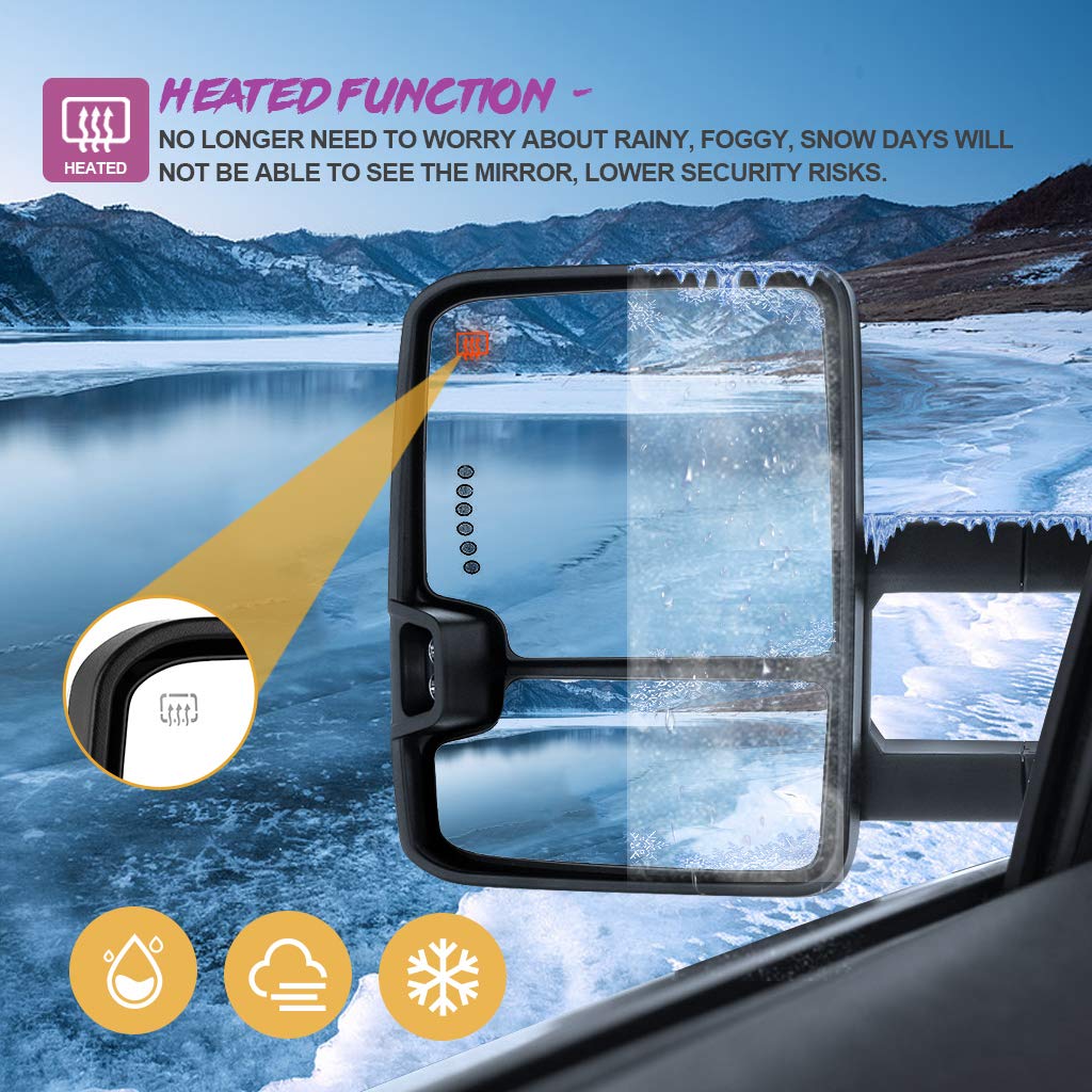 Heated Power-Adjustable Towing Mirrors for 2003-2007 Chevy Silverado & GMC Sierra 1500/2500/3500 (07 New Body Style) - Black Cap, Turn Signal - Perfect for Towing Trailers, Boats & RVs
