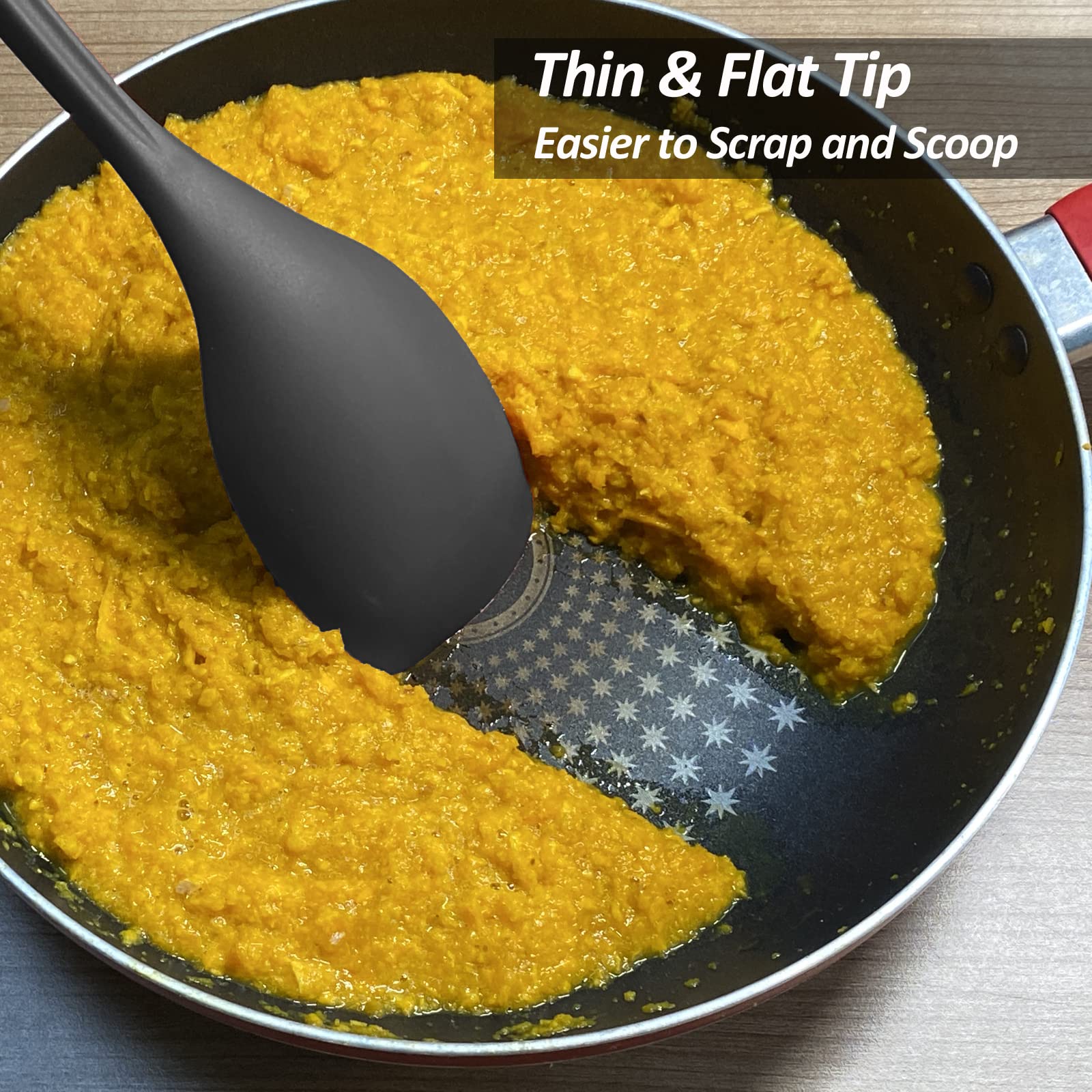 Large Silicone Cooking Spoon Set - Non-Stick Solid Kitchen Utensils with Deep Bowl & Measurement Marks for Mixing, Serving, Draining, Scooping & Scraping - Heat Resistant Black Spatula for Baking, Cooking & Meal Prep