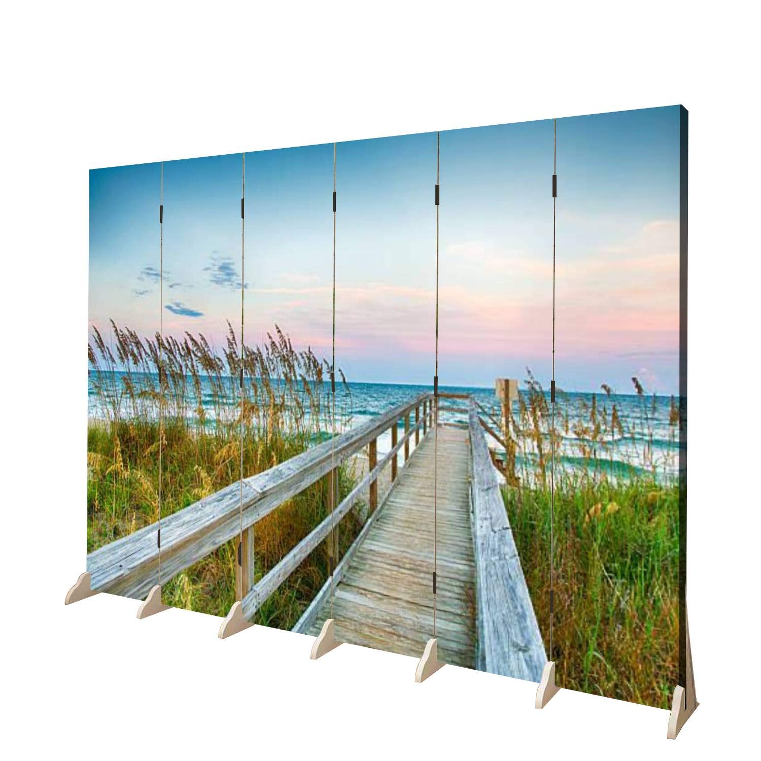Wooden Screen Room Divider - Beach Boardwalk Design Folding Privacy Partition with Dual-Sided Canvas Panels (6 Panels) - Perfect for Home Office, Bedroom Separation & Indoor Display Shelves