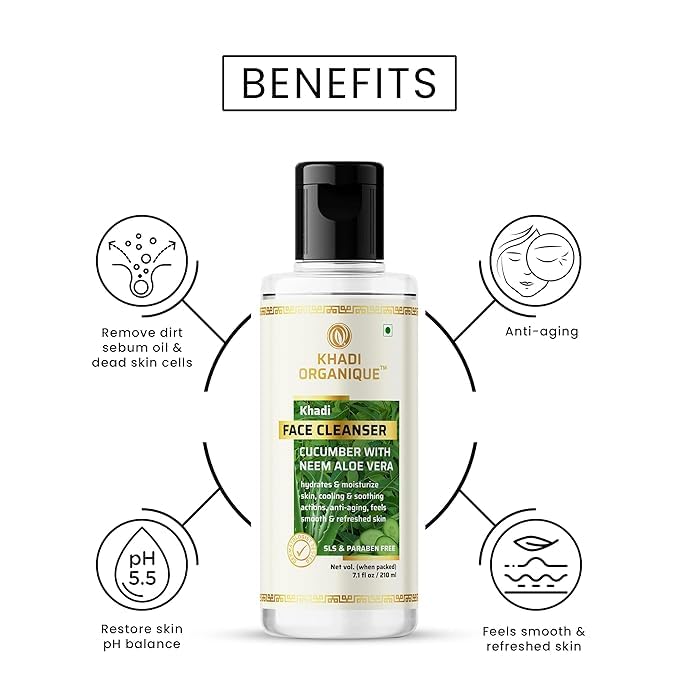 Khadi Organique Cucumber & Neem Aloe Vera Face Cleanser (210ml) with Jasmine Hydrating Moisturizer (210ml) - Complete Organic Skincare Set for Glowing Skin | Daily Cleansing & Hydration Routine for Healthy Complexion