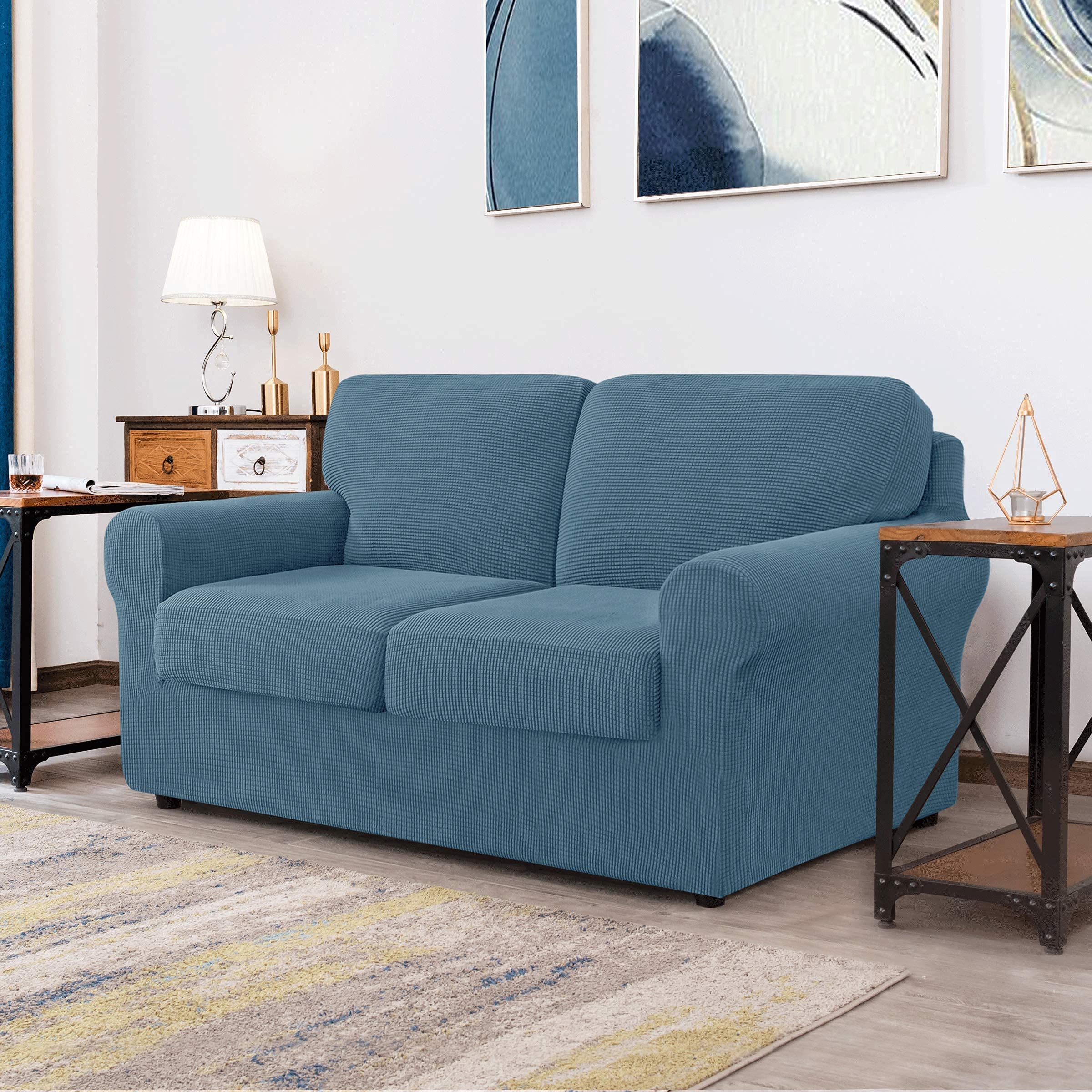 CHUN YI Loveseat Sofa Cover Set - Stretchable Jacquard Fabric Slipcover with Detachable Backrest & Cushions (Smoky Blue Checkered Pattern) - Perfect for Living Room, Bedroom, and Home Decor Protection