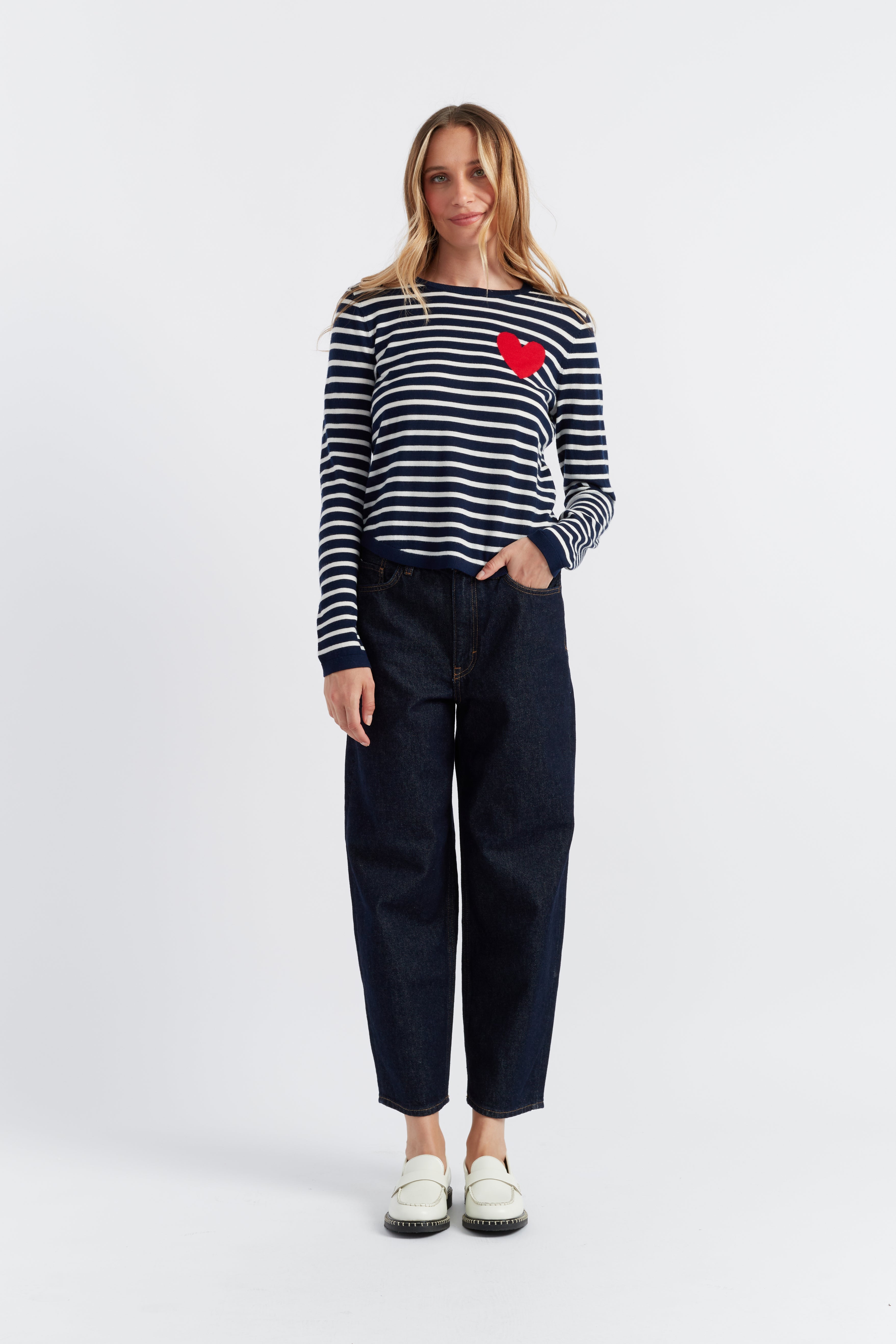 Navy Blue Merino Wool Heart Print Breton Sweater for Women - Cozy Winter Pullover for Casual Outings & Date Nights